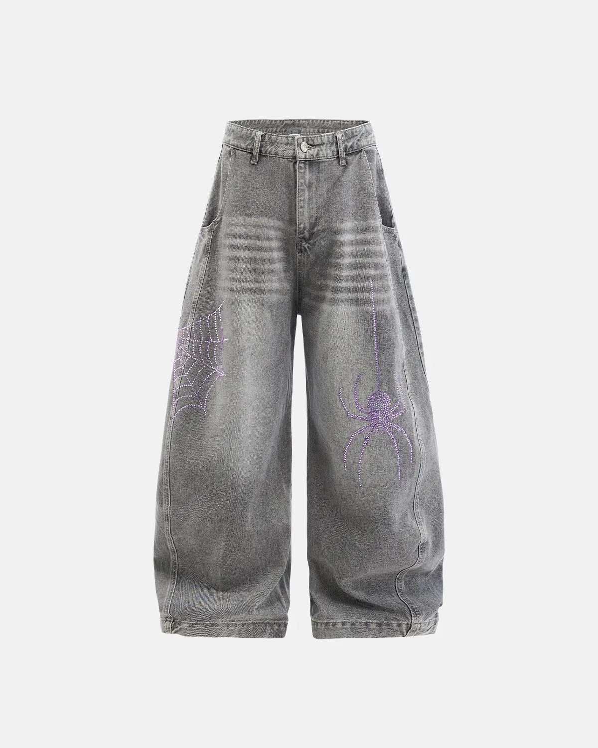 Inflation Spider Graphic Rhinestone Barrel Jeans featuring a bold spider design and rhinestone details on stylish denim pants.