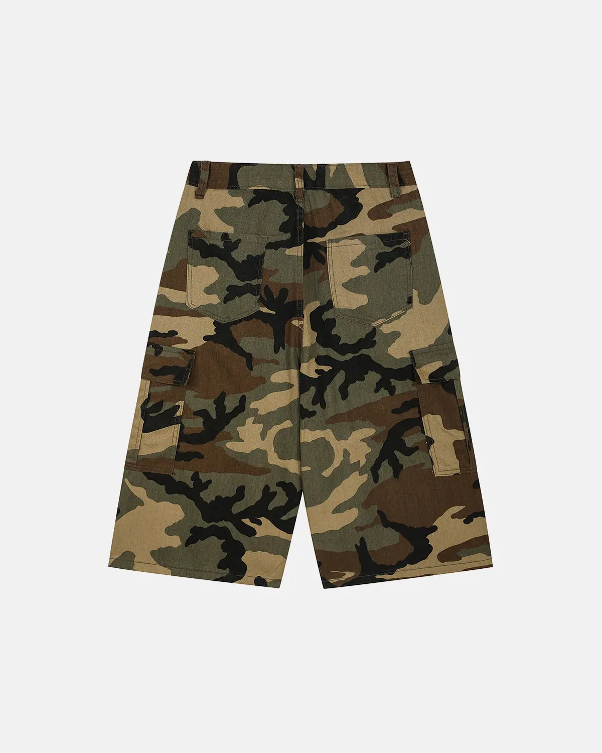 Camo cargo longline shorts by INFLATION featuring a streetwear style with multiple pockets and a relaxed fit