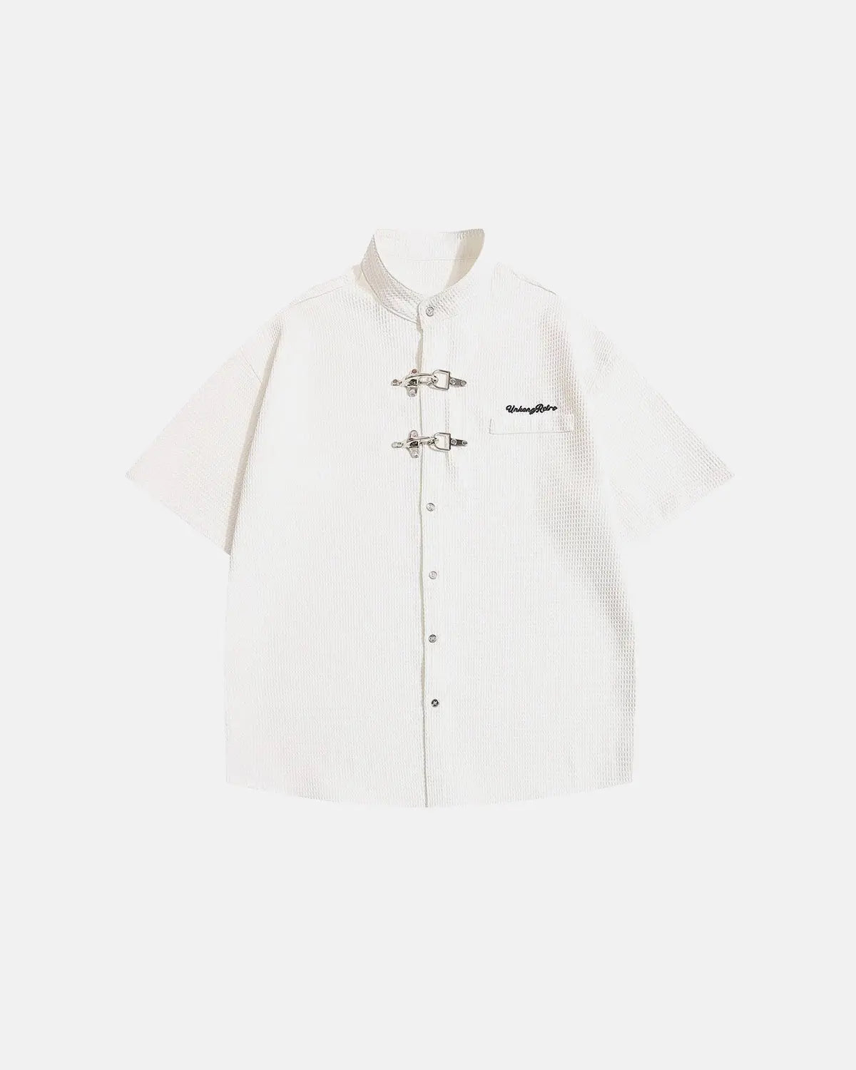 Inflation streetwear waffle shirt with metal clasp detail, casual long-sleeve shirt in textured fabric with button closure.