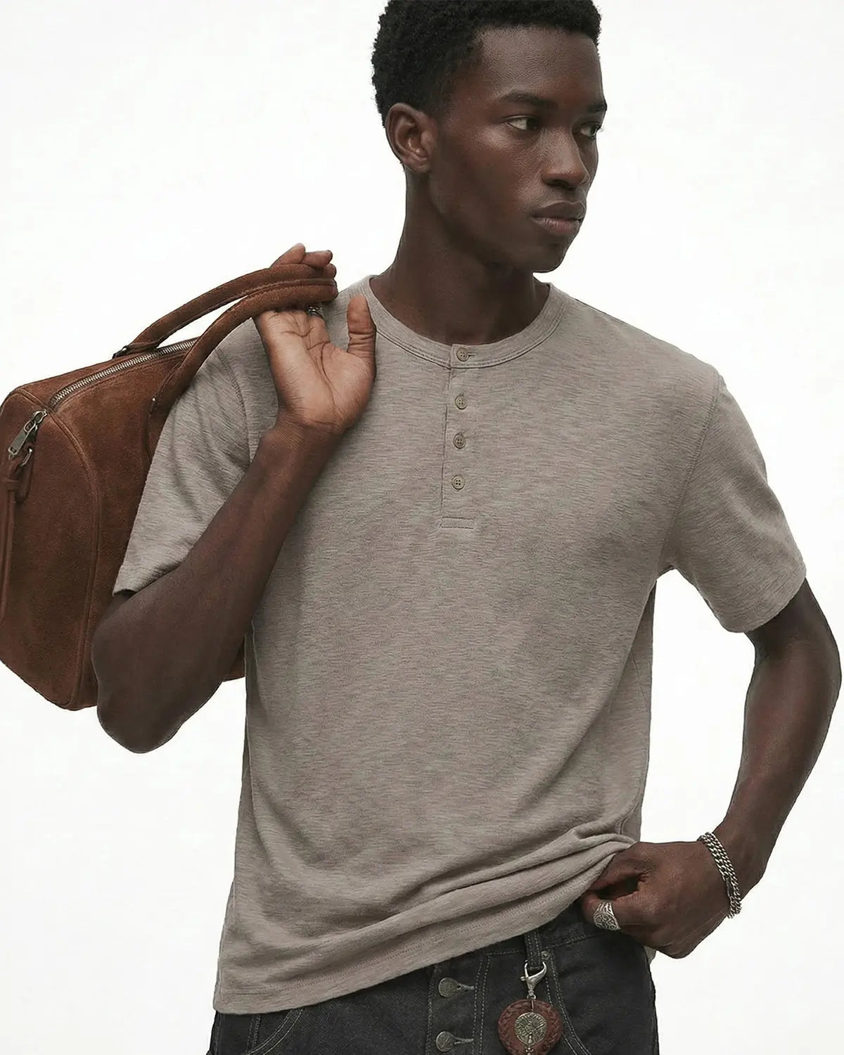 Inflation Streetwear Old Money Relaxed Henley T-Shirt in neutral color, casual fit, soft fabric, and classic Henley neckline.