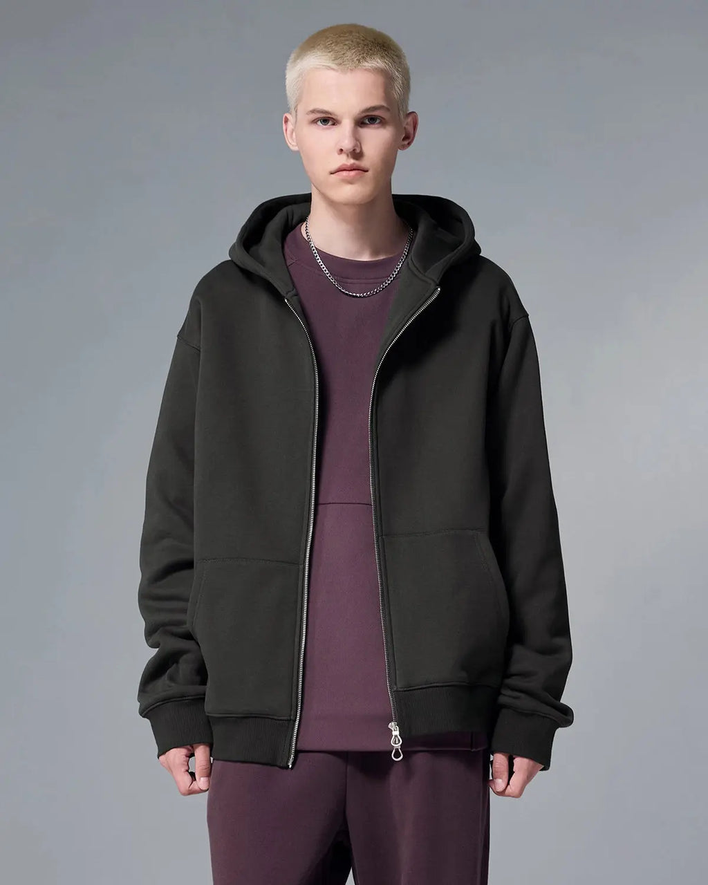 Inflation Streetwear fleece zip-up oversized hoodie in soft fabric, featuring a casual fit and front zipper for comfortable style.