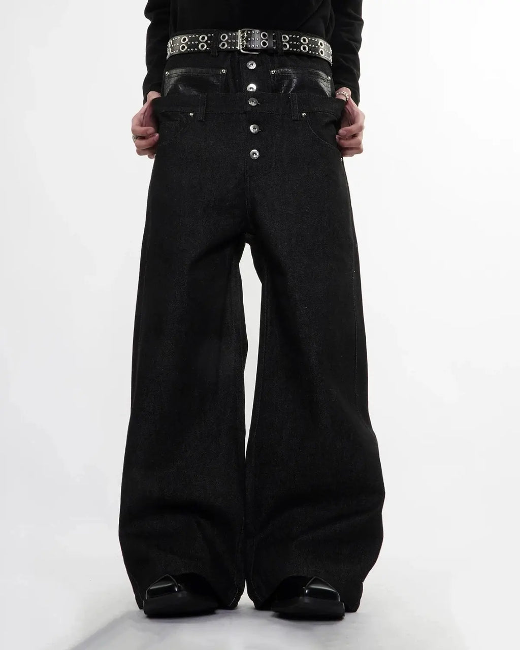 Inflation Double Waist Raw Super Baggy Jeans displayed on a model, showcasing the oversized fit and streetwear style.