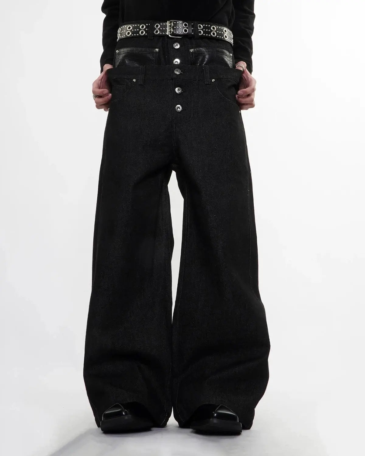 Inflation Double Waist Raw Super Baggy Jeans displayed on a model, showcasing the oversized fit and streetwear style.