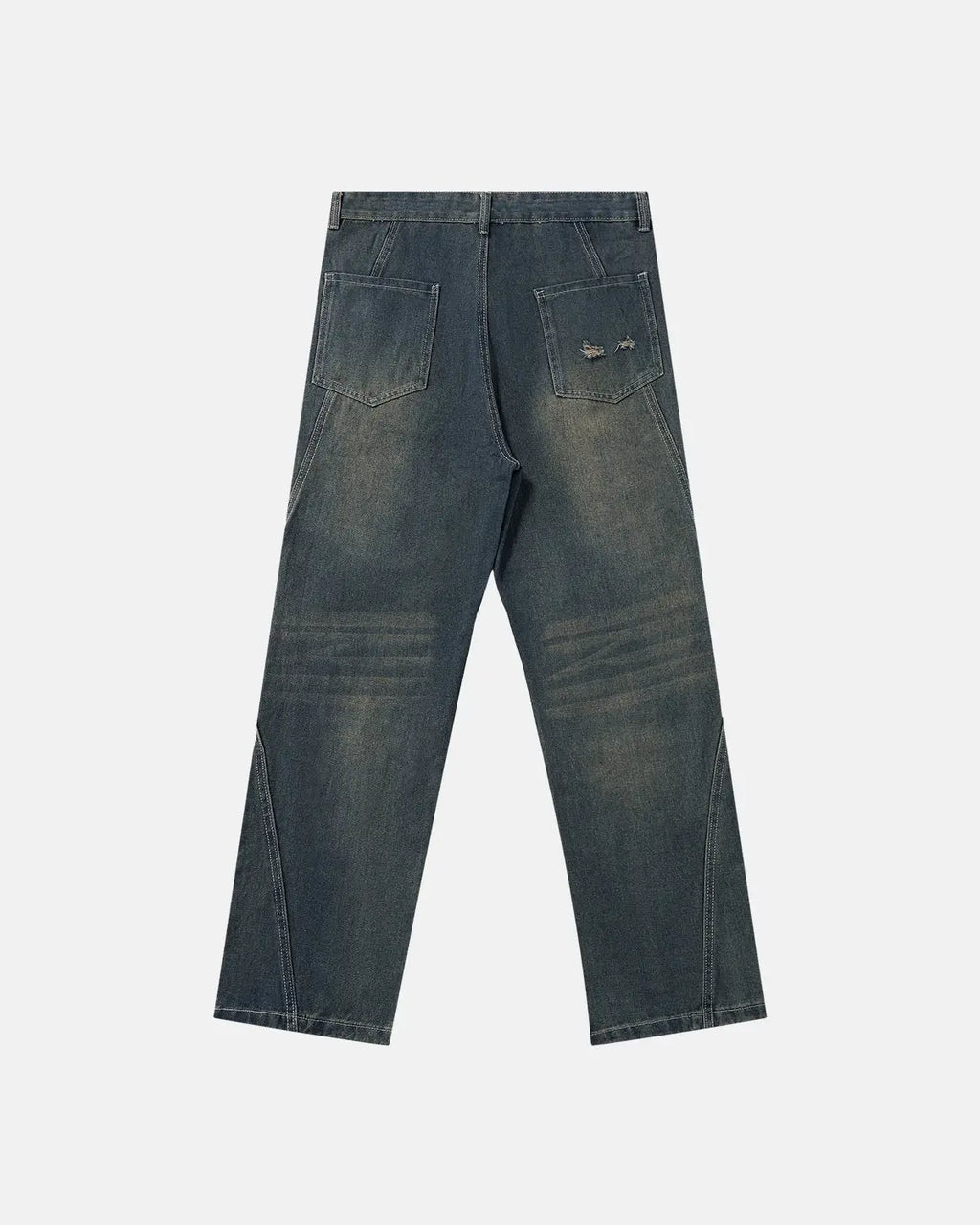Deconstructed straight-leg jeans by Inflation Streetwear, showing distressed denim pants with frayed edges and casual fit.