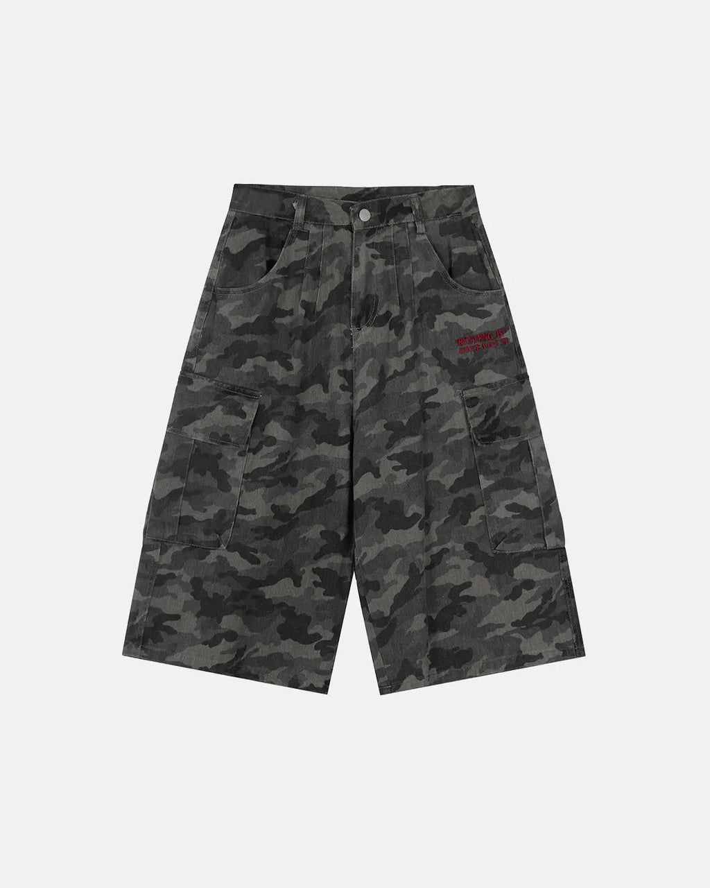 Inflation Streetwear embroidered camo cargo shorts, casual pants with green camouflage pattern and multiple pockets.
