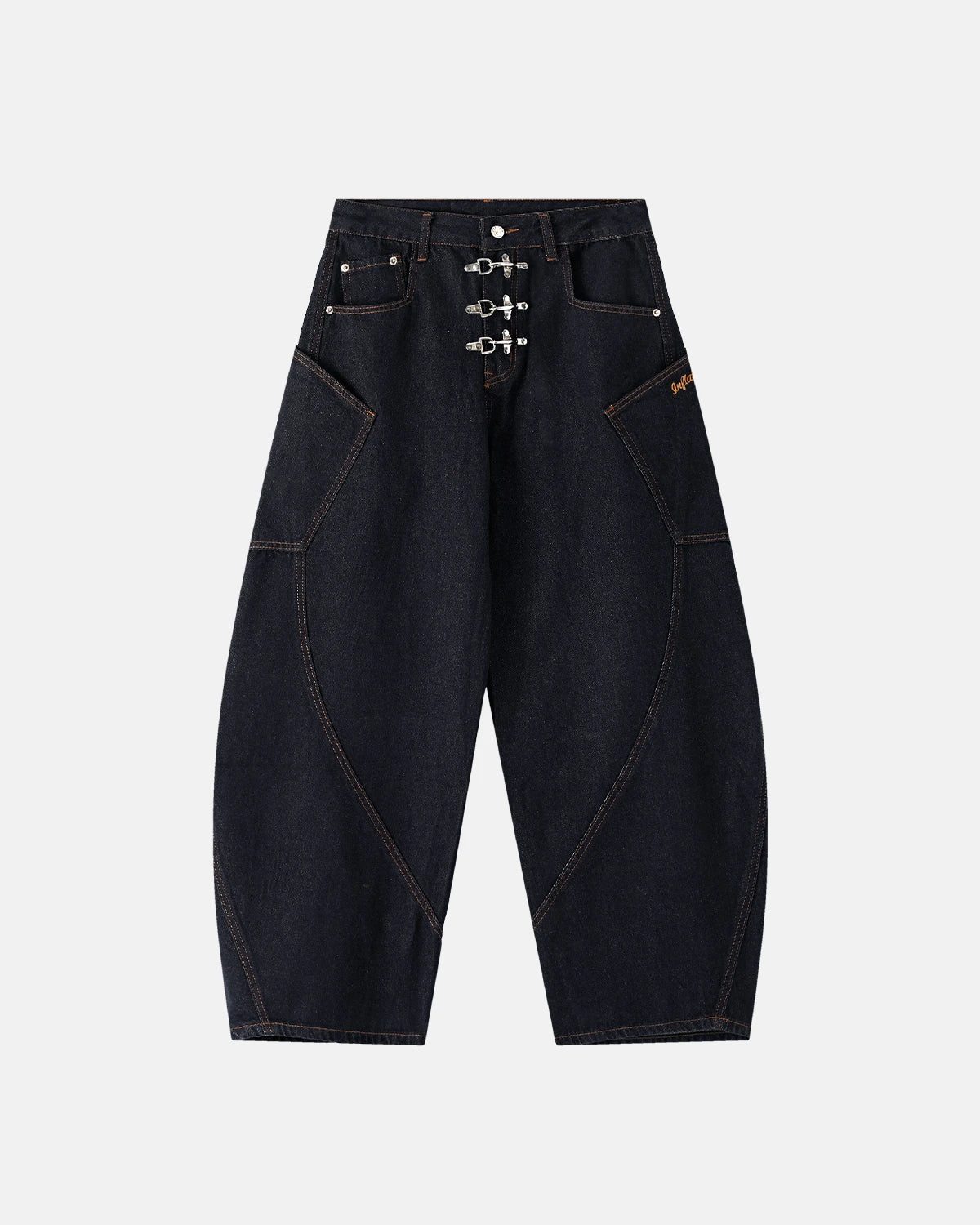 Raw barrel jeans with metal clasp details from INFLATION Streetwear, showcasing the classic denim fabric and stylish design.