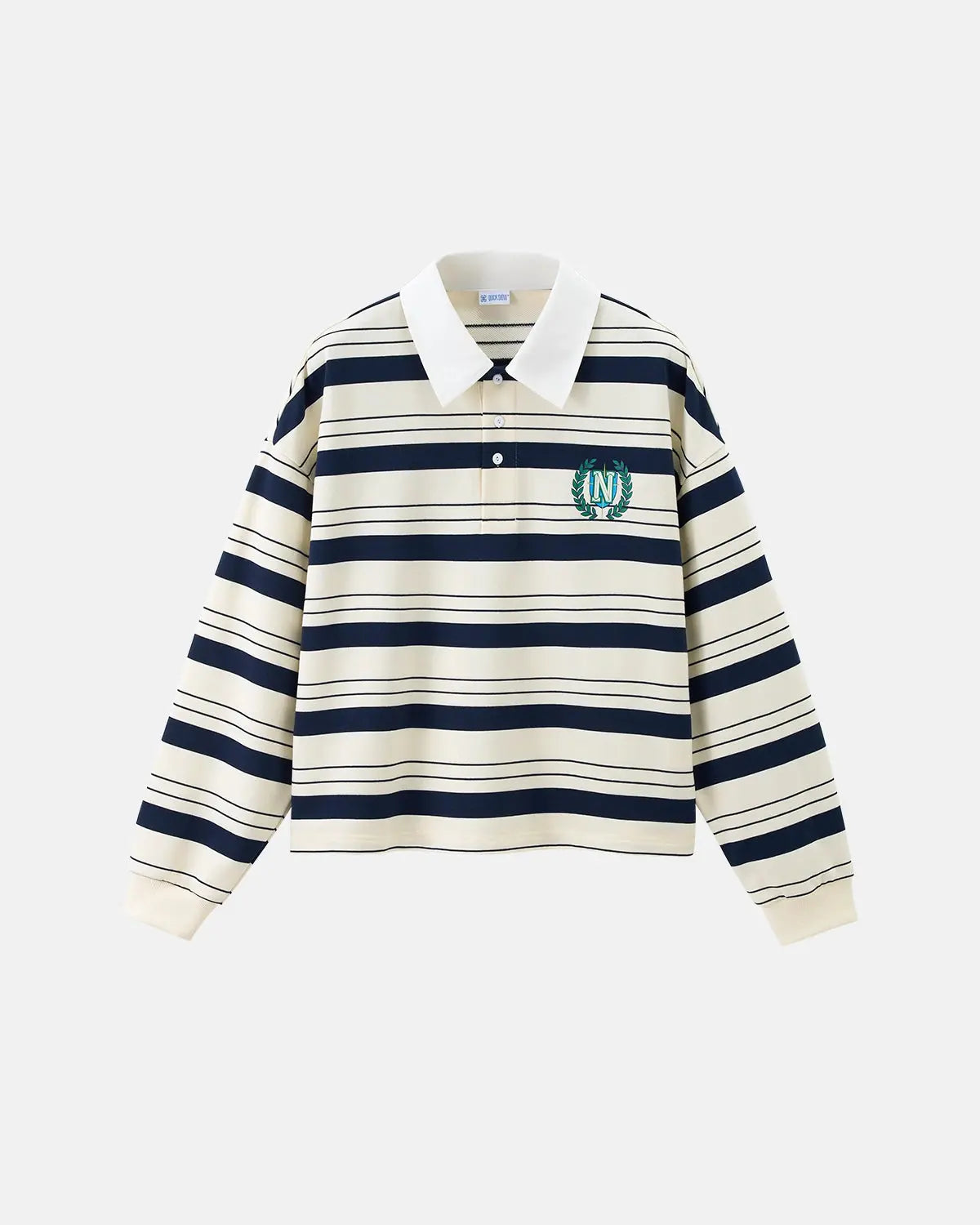 Inflation Streetwear striped rugby polo shirt, casual t-shirt with bold stripe pattern and classic fit, front view.