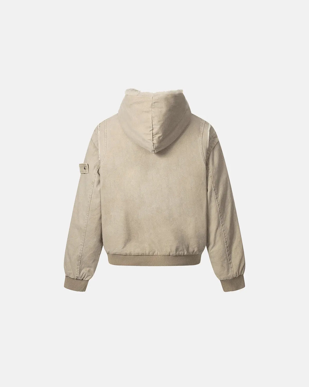 Inflation brand faux fur-lined washed hooded jacket with a casual streetwear style, featuring a cozy hood and textured fabric.