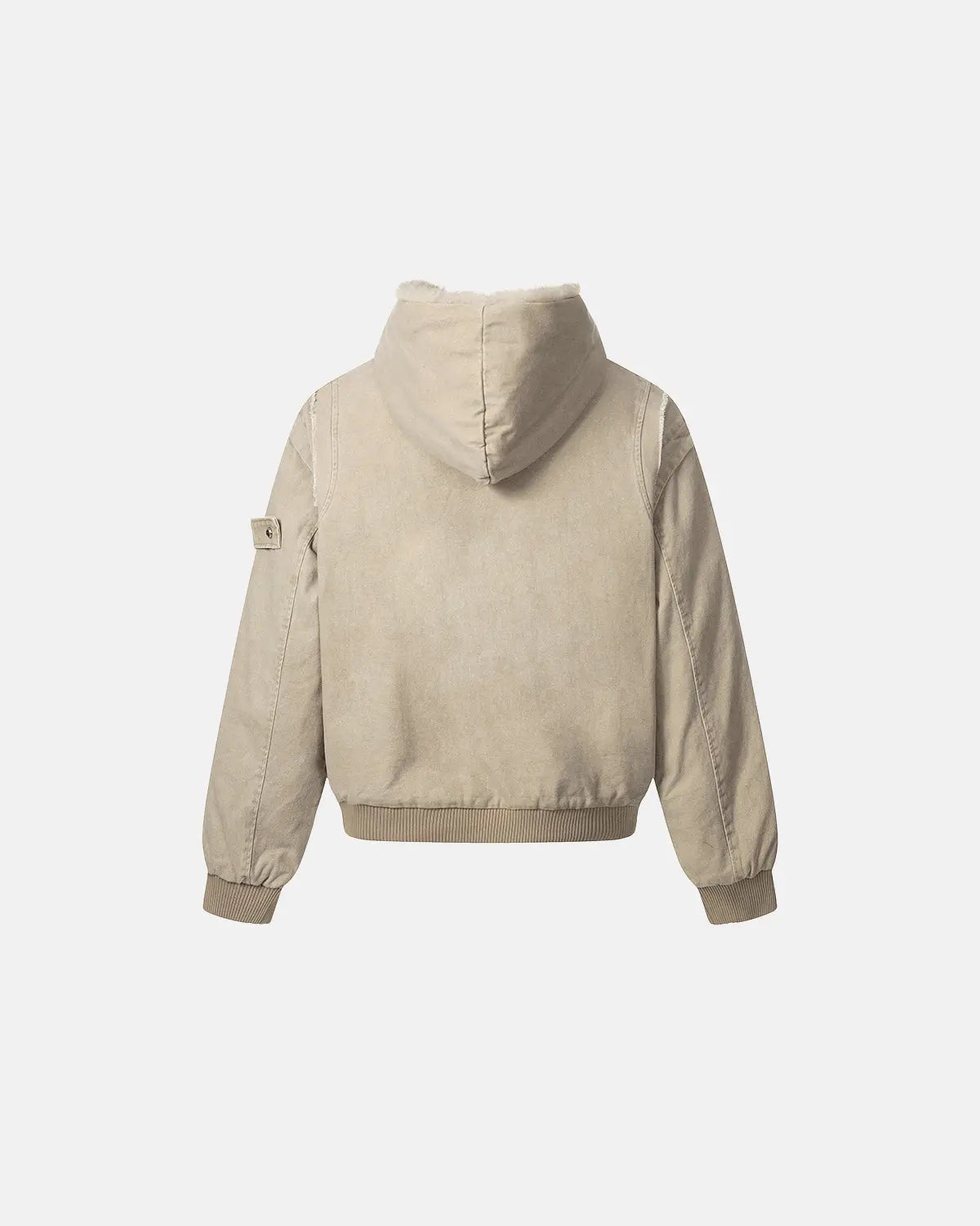 Inflation brand faux fur-lined washed hooded jacket with a casual streetwear style, featuring a cozy hood and textured fabric.