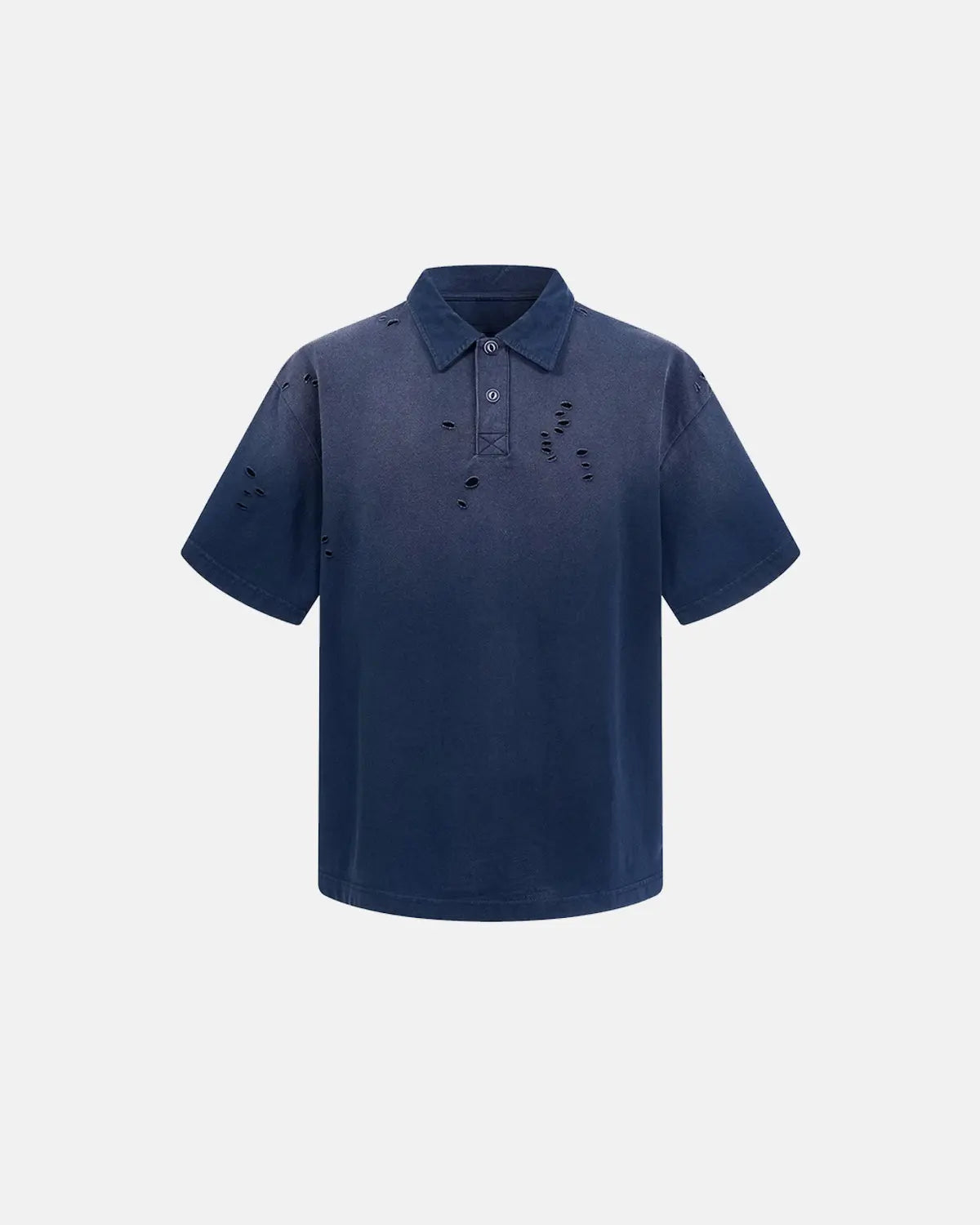 Inflation brand distressed ripped washed polo shirt with faded, worn look and frayed edges, casual streetwear style.