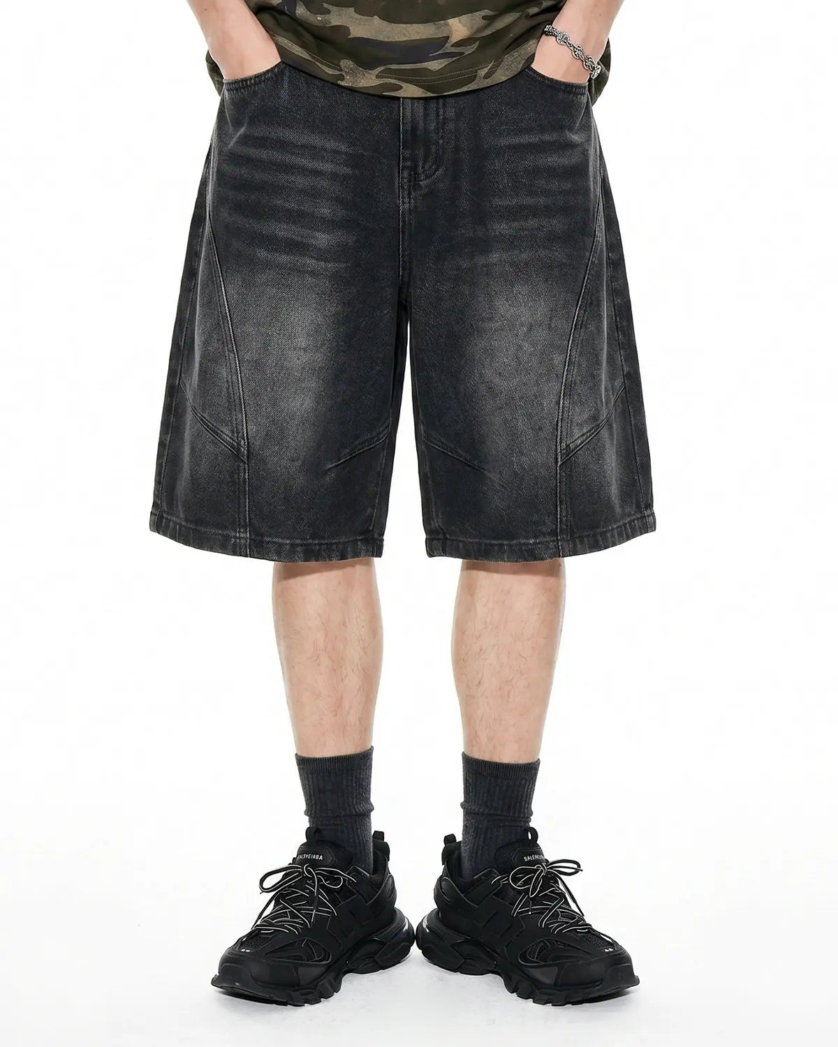 Inflation Streetwear structured washed denim shorts, men's casual jeans pants with distressed details and a relaxed fit.