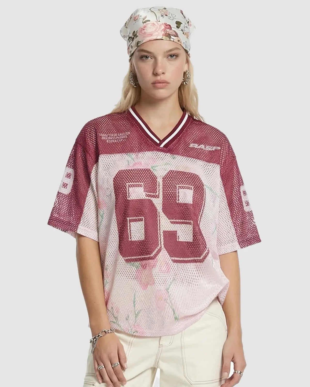 Floral digital print mesh jersey by INFLATION Streetwear featuring vibrant floral patterns and lightweight, breathable fabric.
