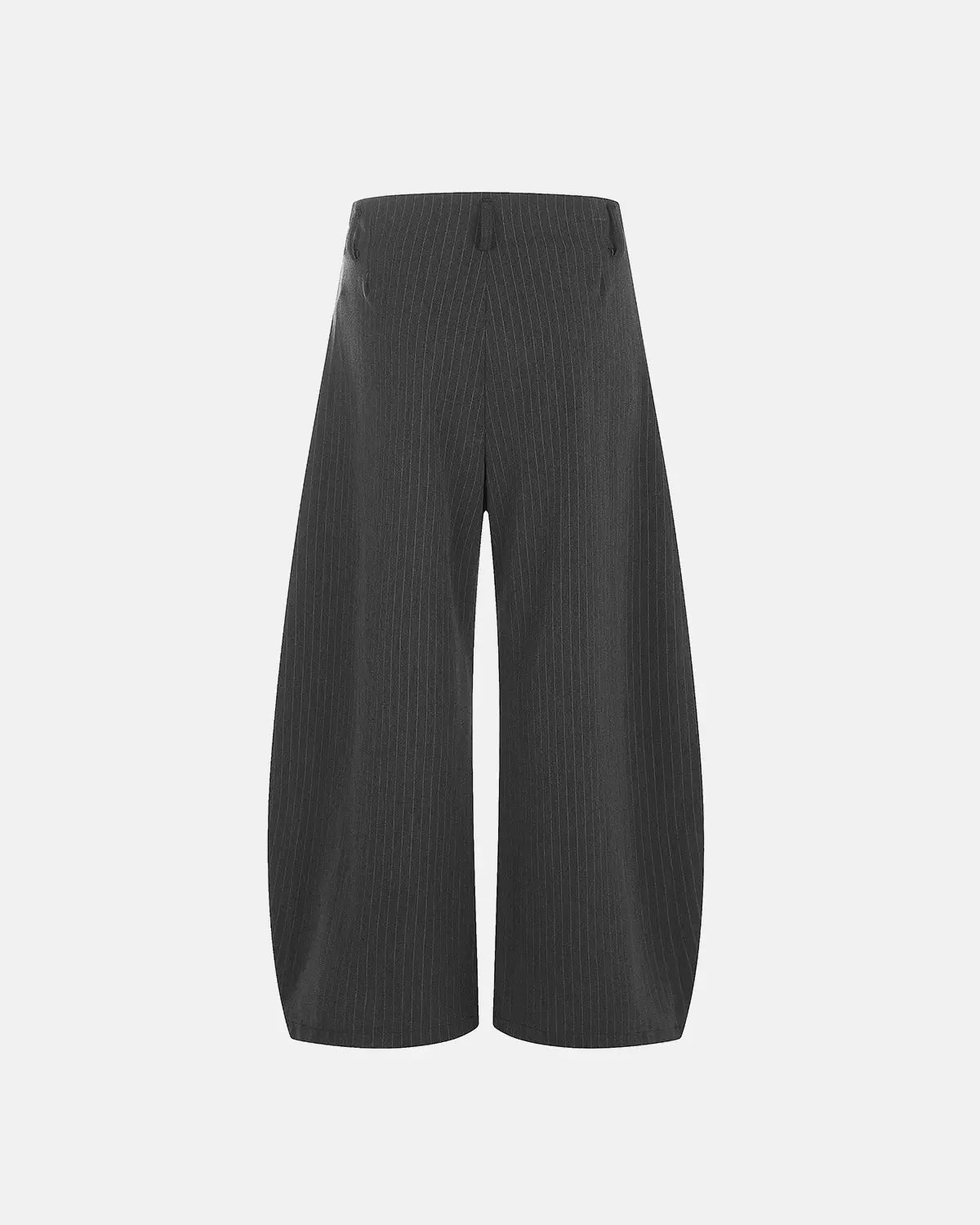 Inflation streetwear pinstripe pleated barrel pants showing tailored fit and stylish design in a close-up image.