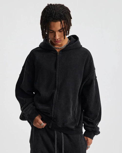 Inflation Streetwear acid wash zip-up hoodie with stitching details, featuring a casual fit and front zipper closure.