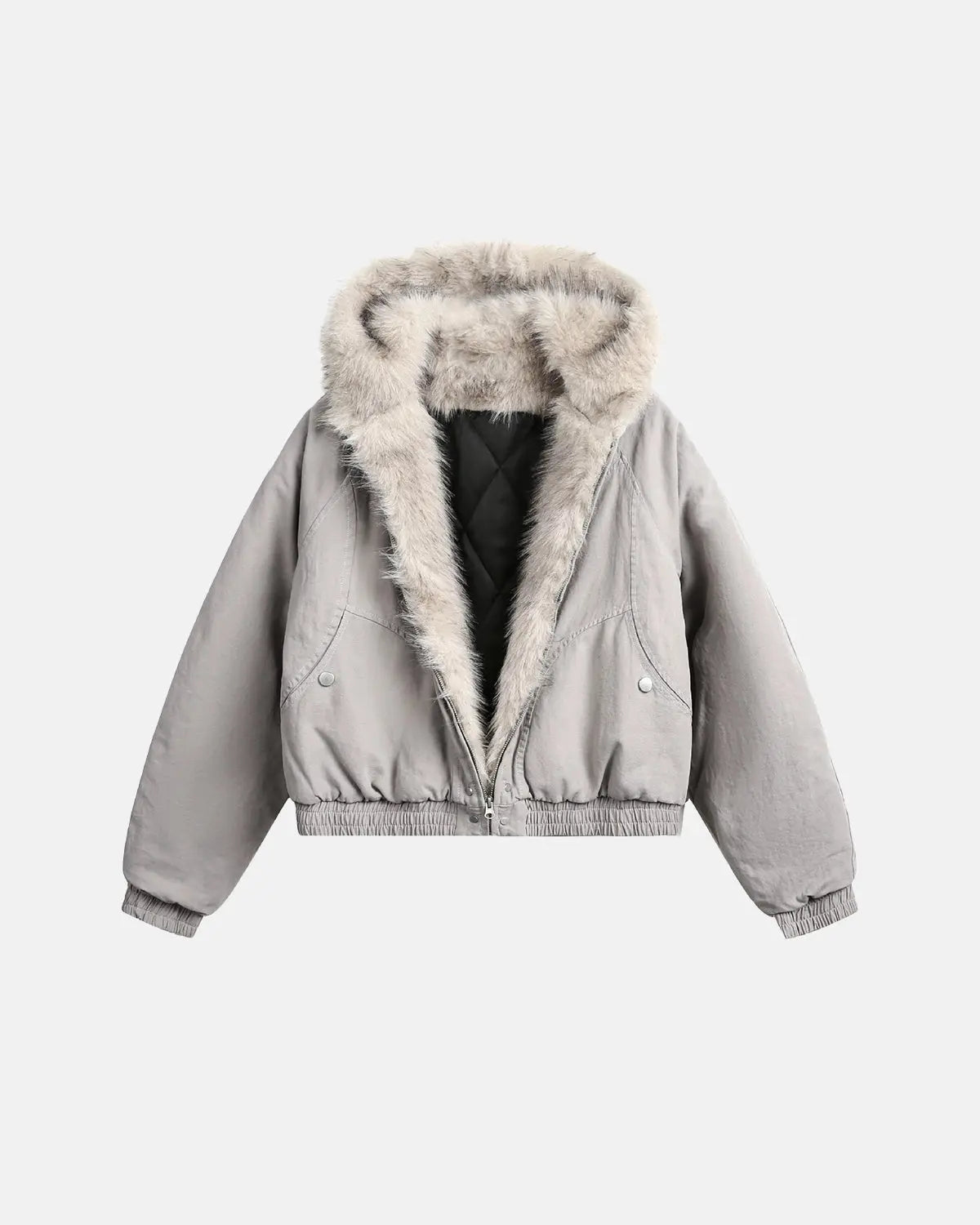 Inflation brand faux fur lined bomber jacket with hood, stylish streetwear jacket featuring a cozy fur interior and modern design.