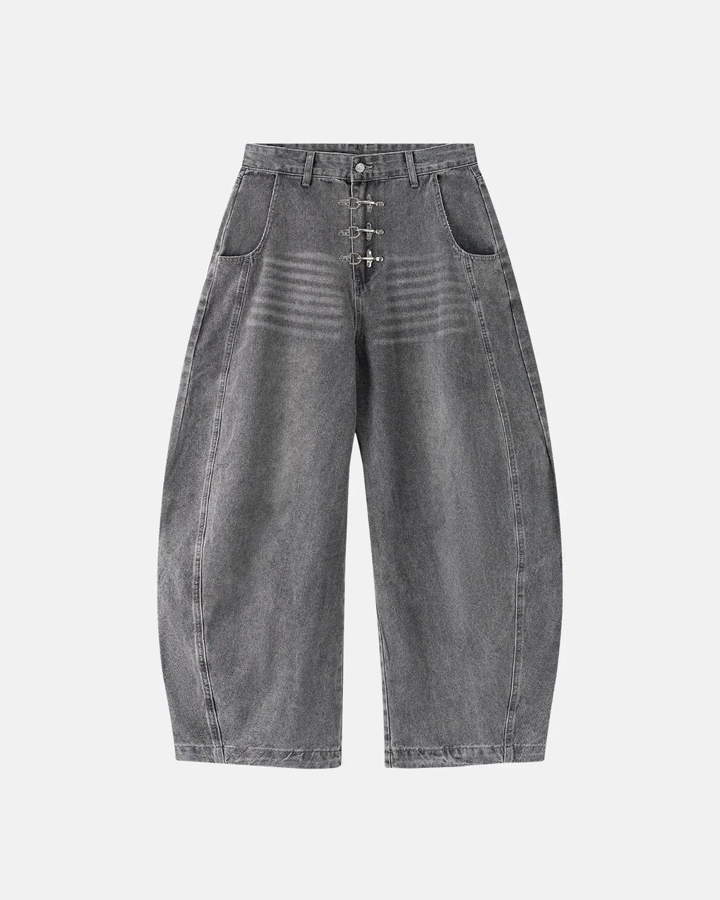 Grey barrel jeans with metal clasp from Inflation Streetwear, featuring a relaxed fit and classic denim texture.