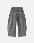 Grey barrel jeans with metal clasp from Inflation Streetwear, featuring a relaxed fit and classic denim texture.