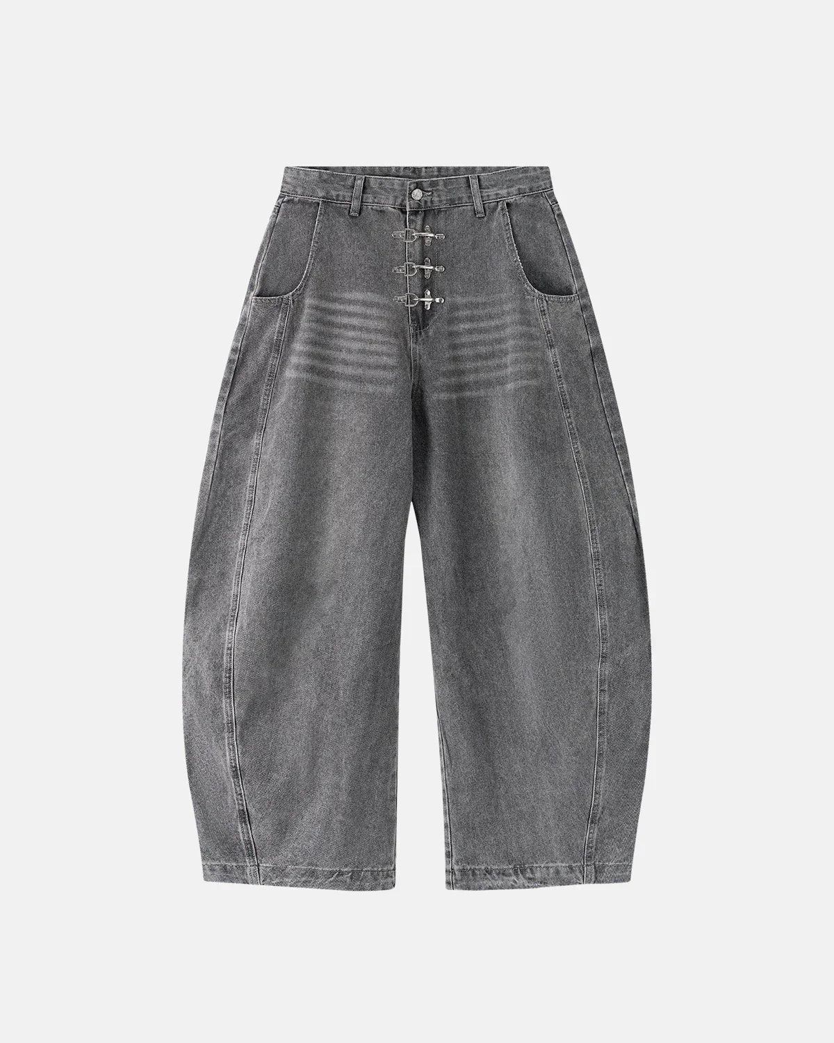 Grey barrel jeans with metal clasp from Inflation Streetwear, featuring a relaxed fit and classic denim texture.