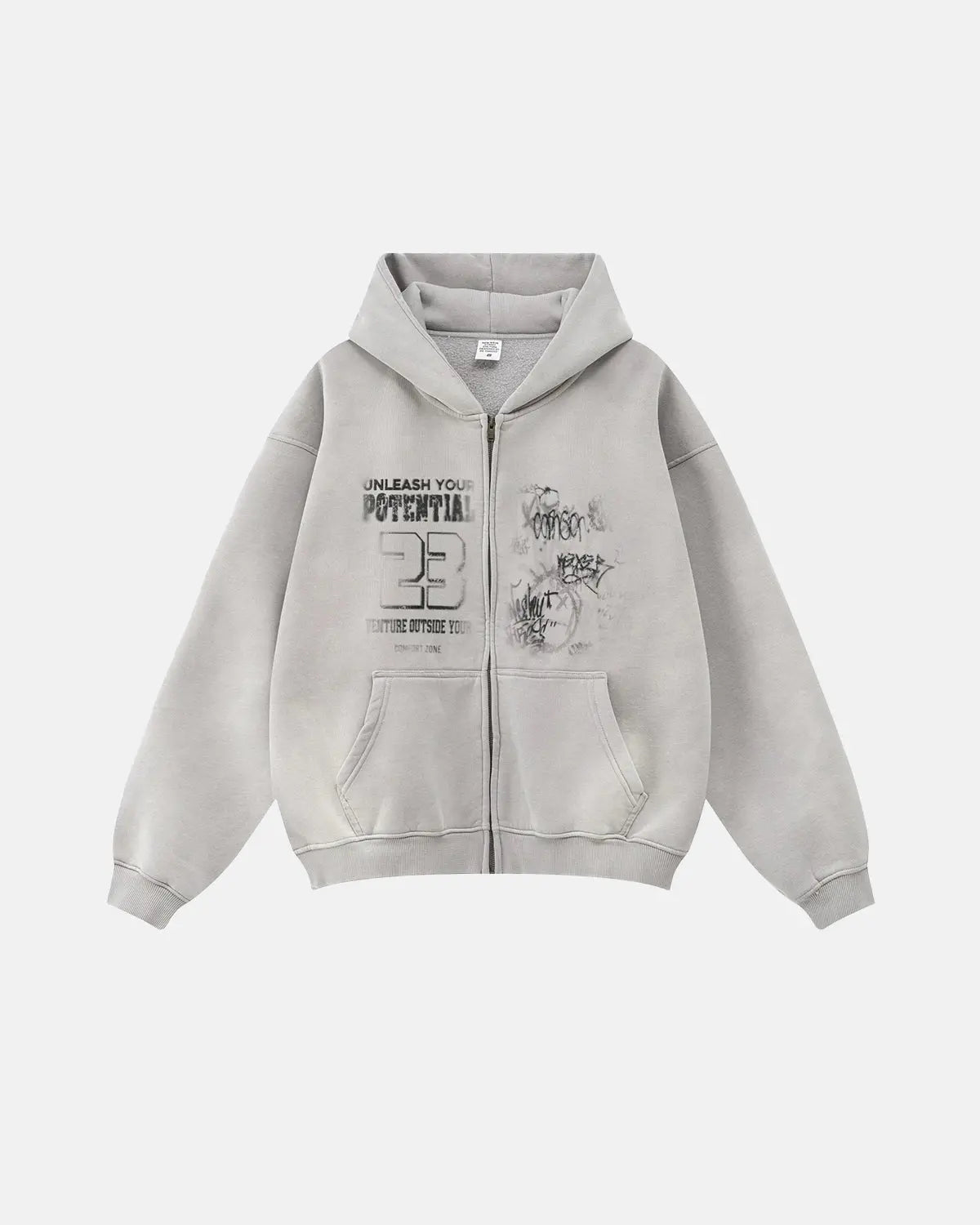 Inflation Streetwear graphic washed zip-up hoodie with bold logo design, casual fit, and soft fabric for comfortable street style.