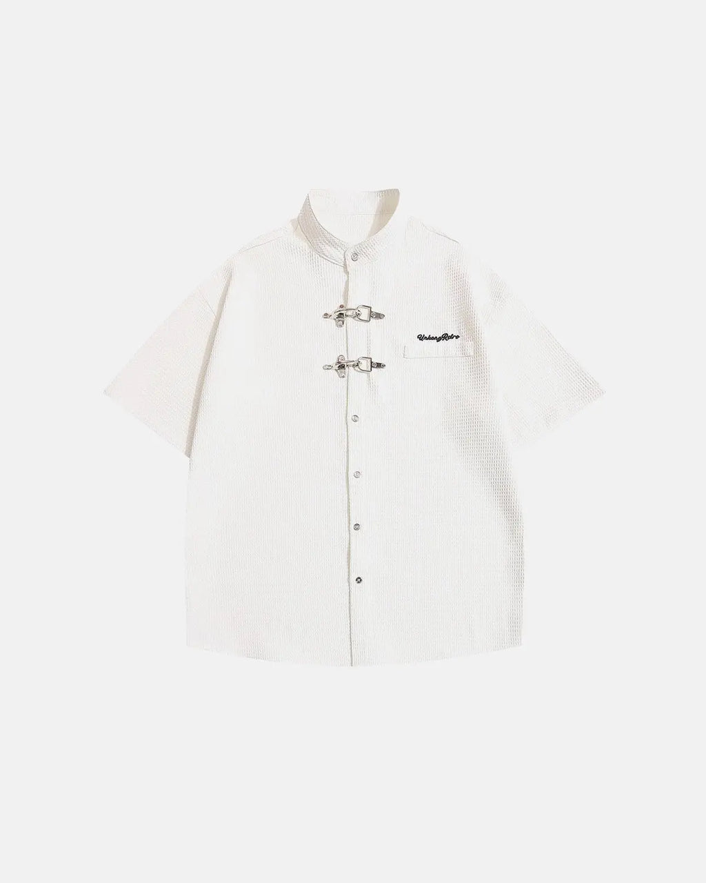 Inflation Streetwear waffle shirt featuring metal clasp detail, casual long-sleeve shirt with textured fabric and stylish hardware accents