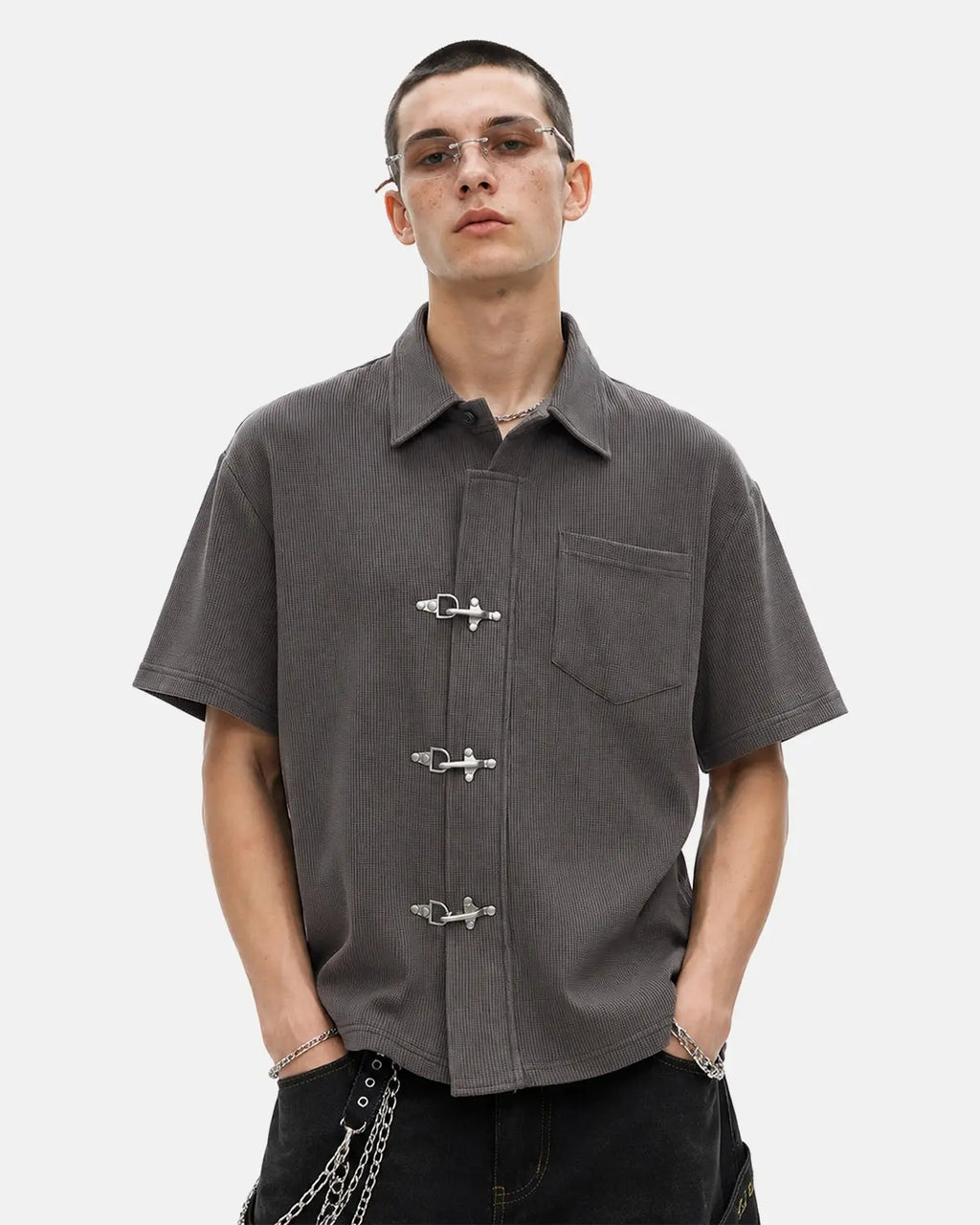 Metal clasp waffle shirt by INFLATION, stylish streetwear shirt with metal accents and waffle texture, casual and trendy design.