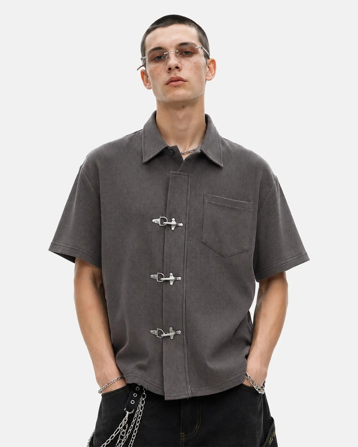 Metal clasp waffle shirt by INFLATION, stylish streetwear shirt with metal accents and waffle texture, casual and trendy design.