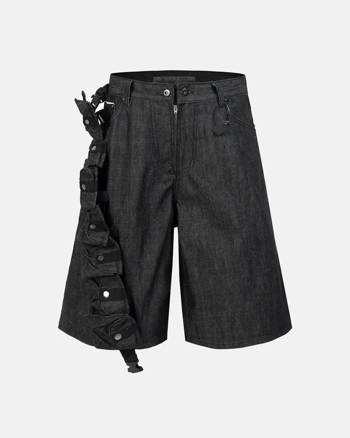 Raw denim tactical cargo jorts from INFLATION Streetwear featuring rugged design and multiple cargo pockets