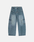 Inflation streetwear multi pockets baggy barrel jeans with relaxed fit, featuring multiple pockets and distressed detailing.