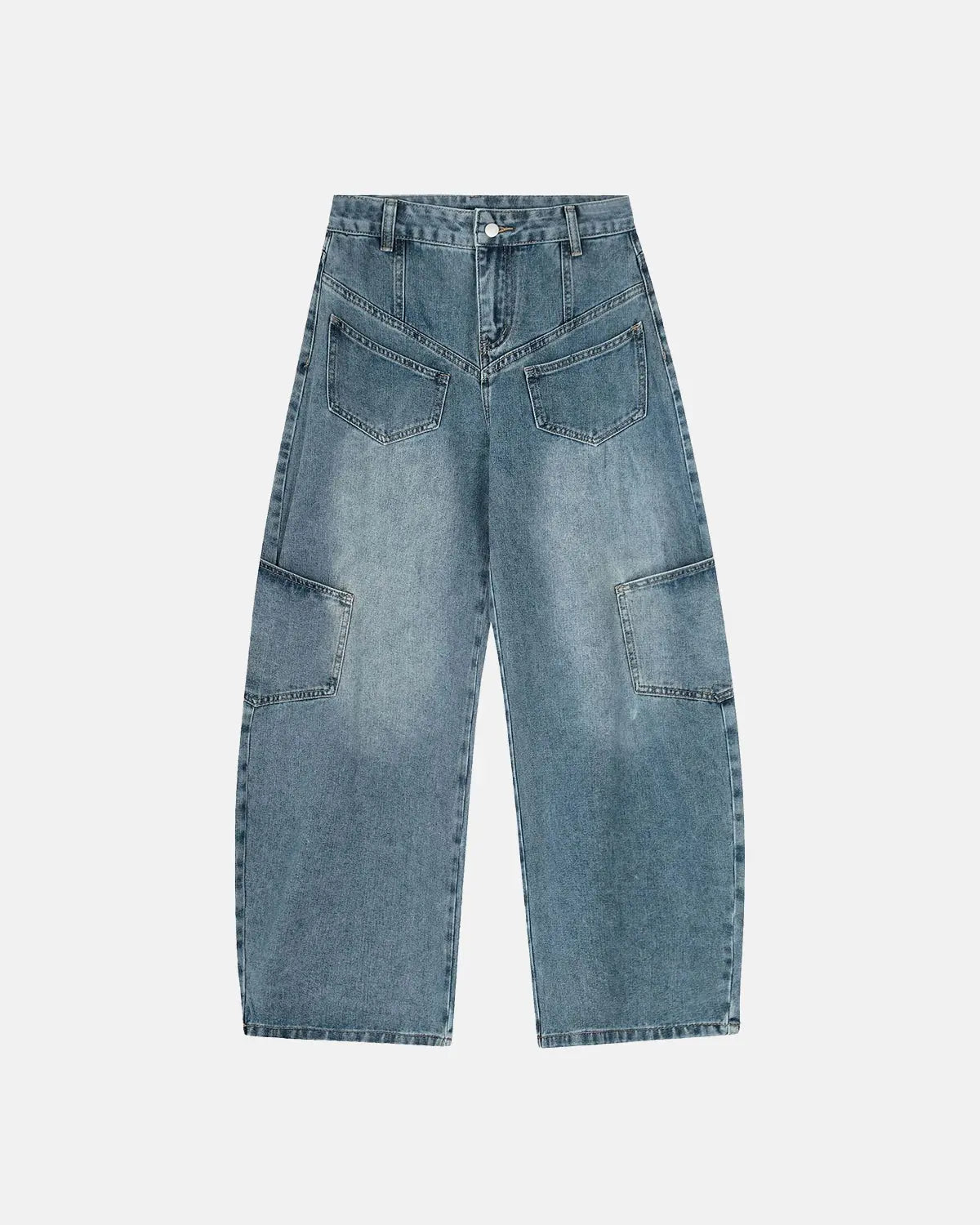 Inflation streetwear multi pockets baggy barrel jeans with relaxed fit, featuring multiple pockets and distressed detailing.