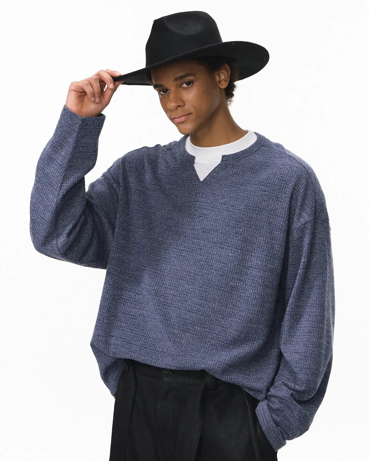 Inflation Streetwear V-neck long sleeve waffle T-shirt with a fitted style and textured fabric in a neutral color.