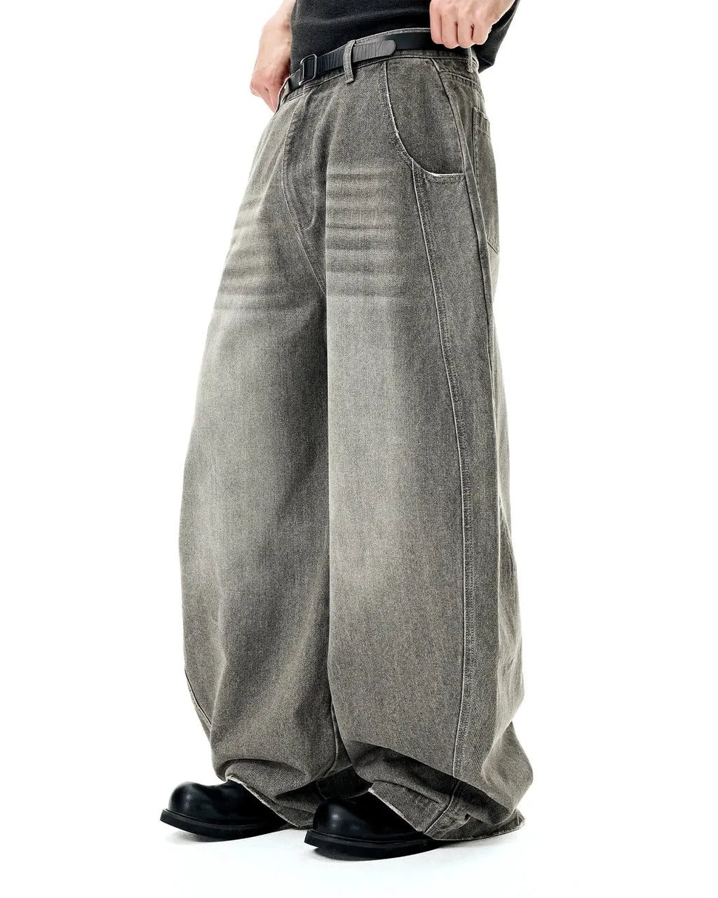 Inflation Washed Barrel Baggy Jeans, casual denim pants with a relaxed fit and faded wash, displayed on a plain background.