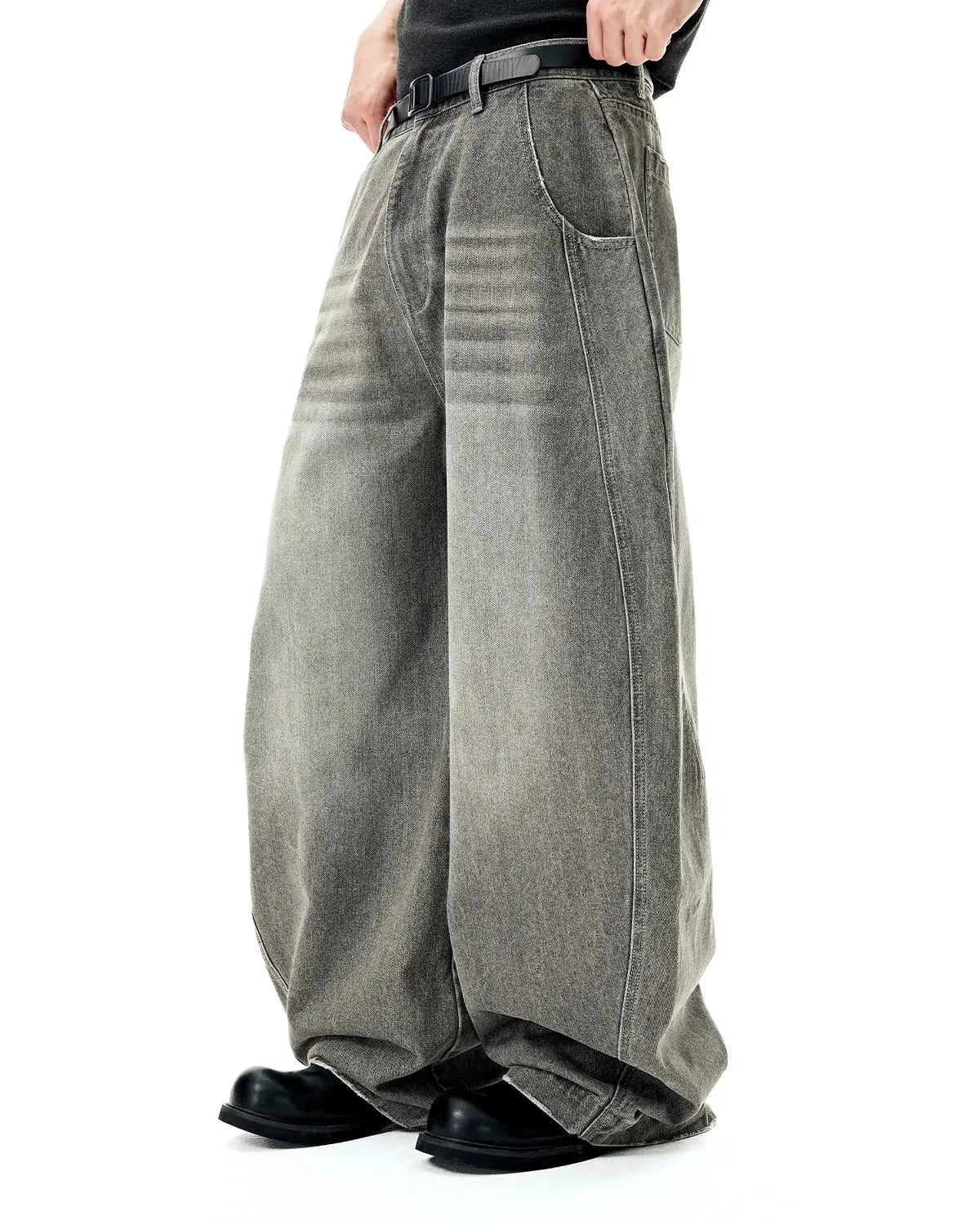 Inflation Washed Barrel Baggy Jeans, casual denim pants with a relaxed fit and faded wash, displayed on a plain background.