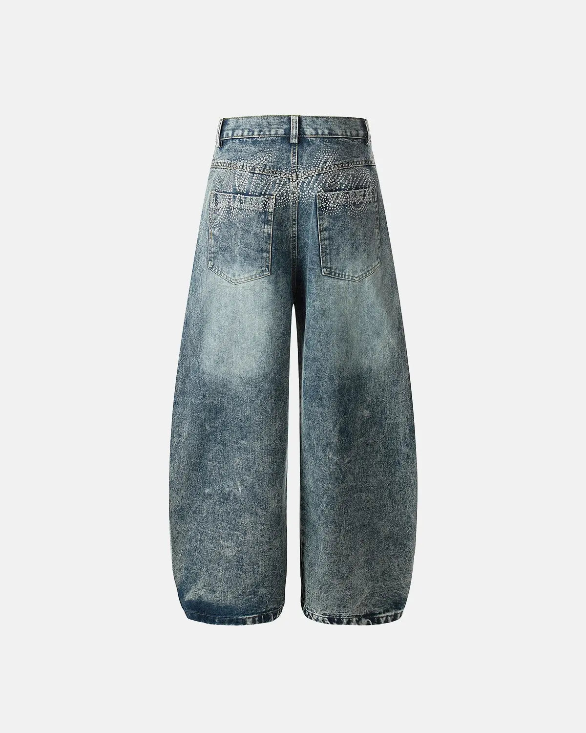 Rhinestone acid wash baggy jeans by INFLATION featuring distressed details and a relaxed streetwear style.
