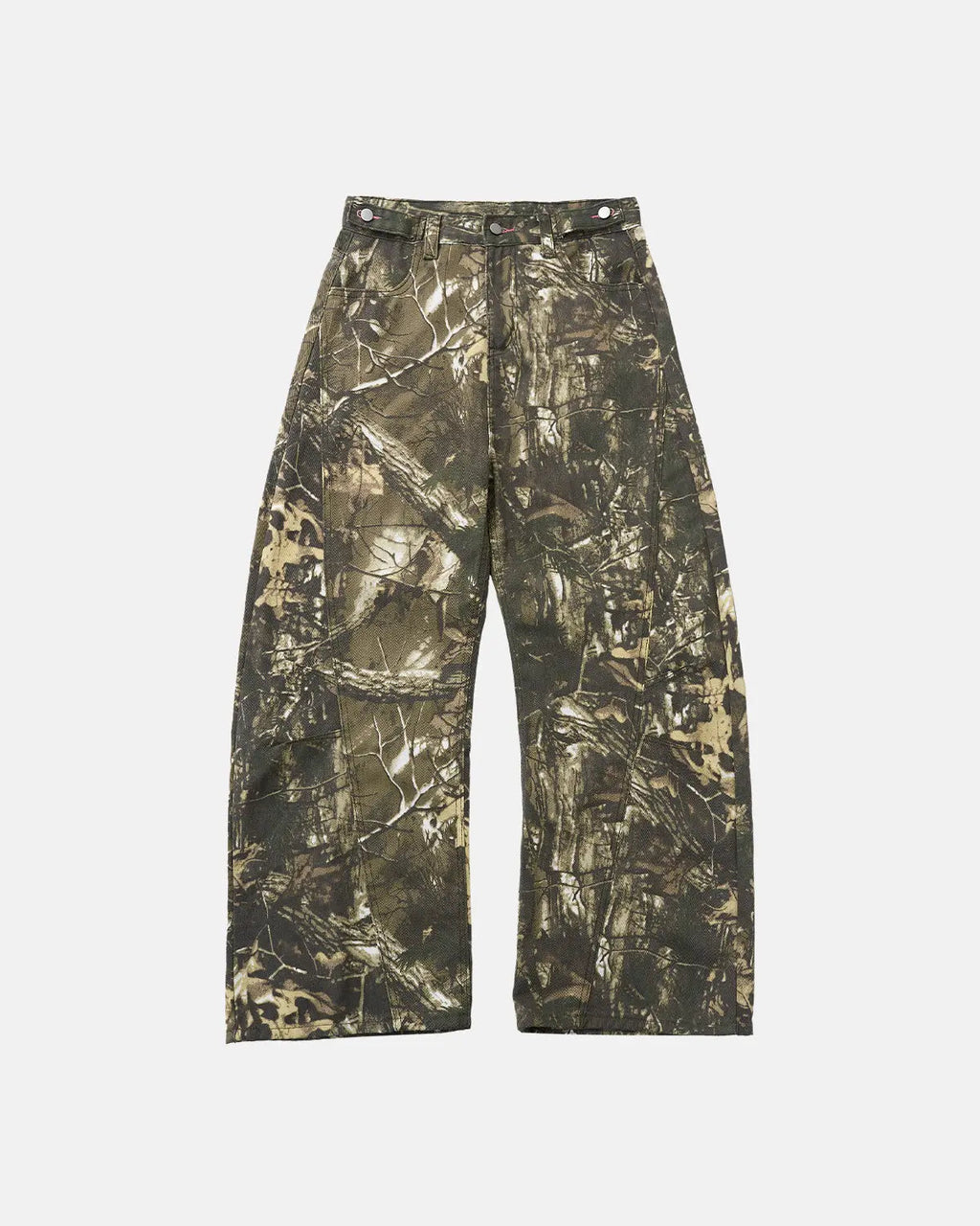 Pink embroidered camo baggy pants from Inflation Streetwear, featuring relaxed fit and detailed embroidery.
