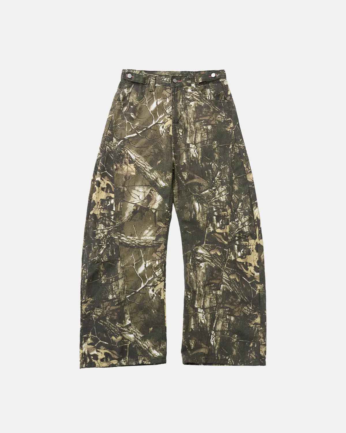 Pink embroidered camo baggy pants from Inflation Streetwear, featuring relaxed fit and detailed embroidery.