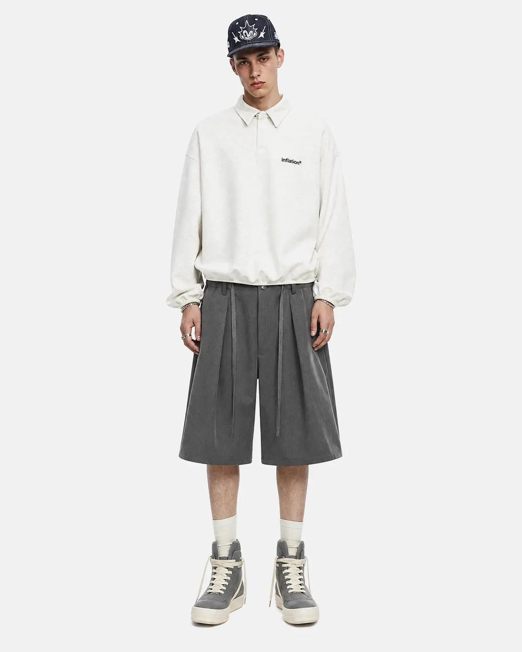Inflation streetwear drawstring wide-leg tailored shorts with a relaxed fit and adjustable waistband, made from lightweight fabric.