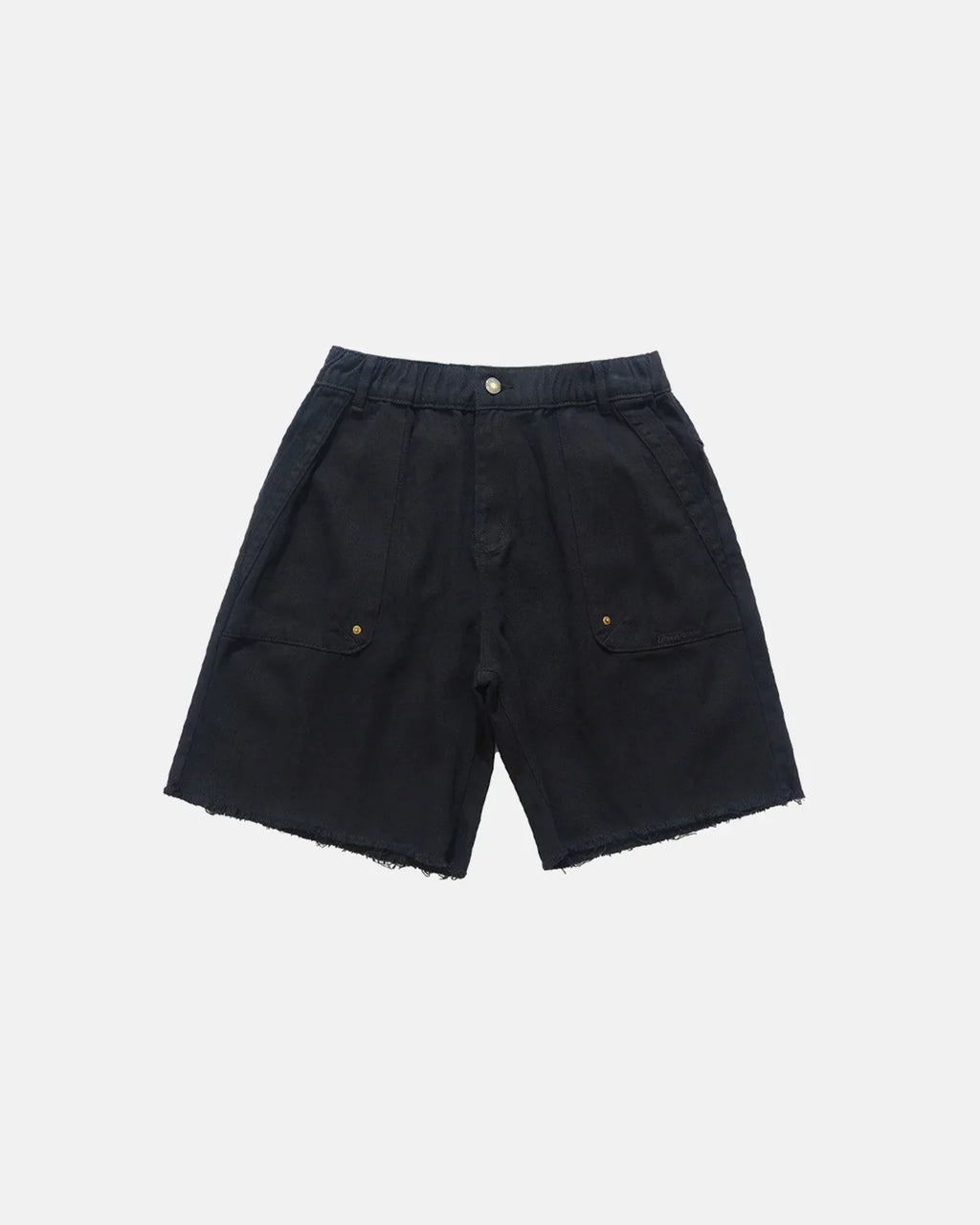 Inflation Streetwear frayed hem camo knee-length shorts with distressed details, casual streetwear style, green camouflage pattern.