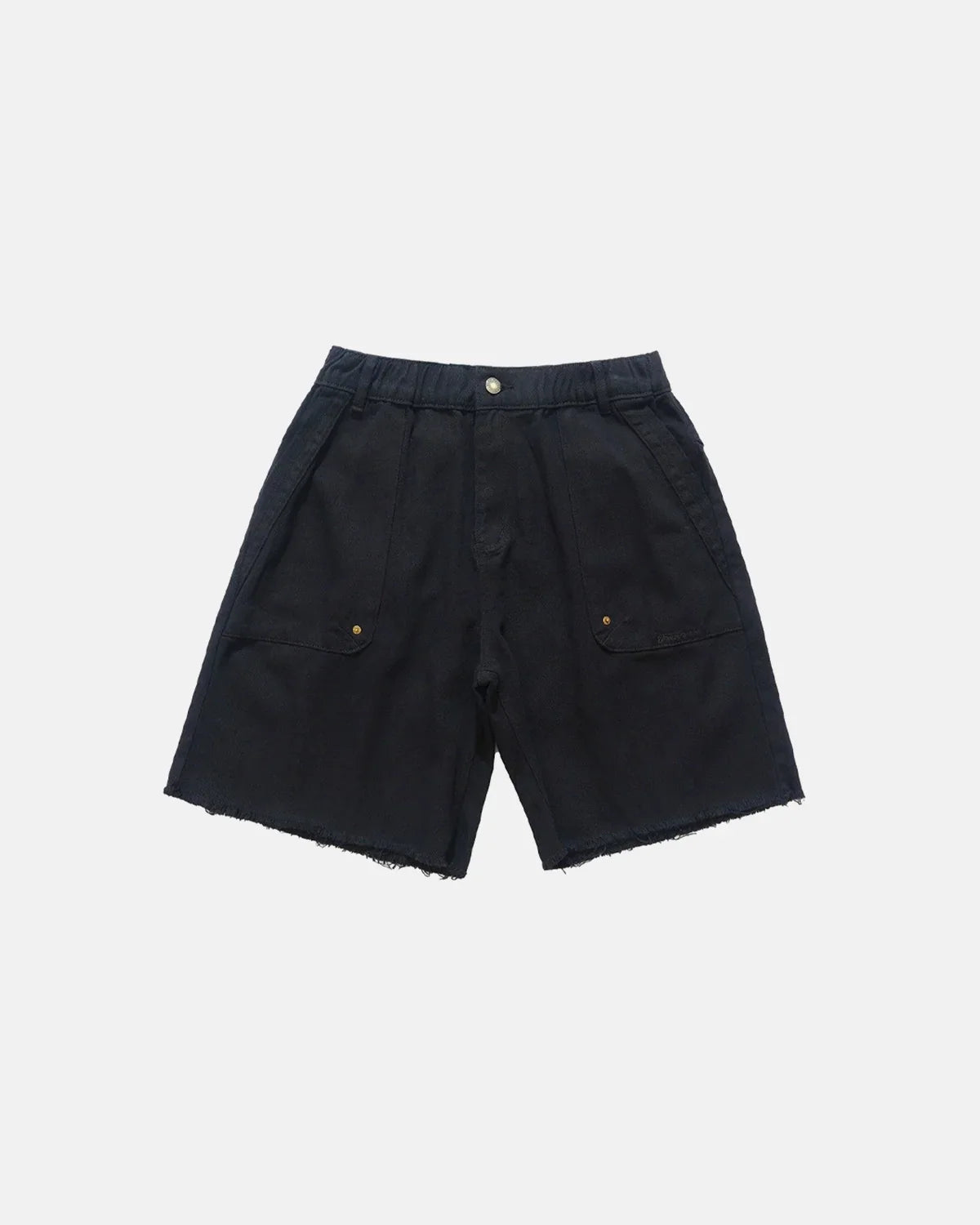 Inflation Streetwear frayed hem camo knee-length shorts with distressed details, casual streetwear style, green camouflage pattern.