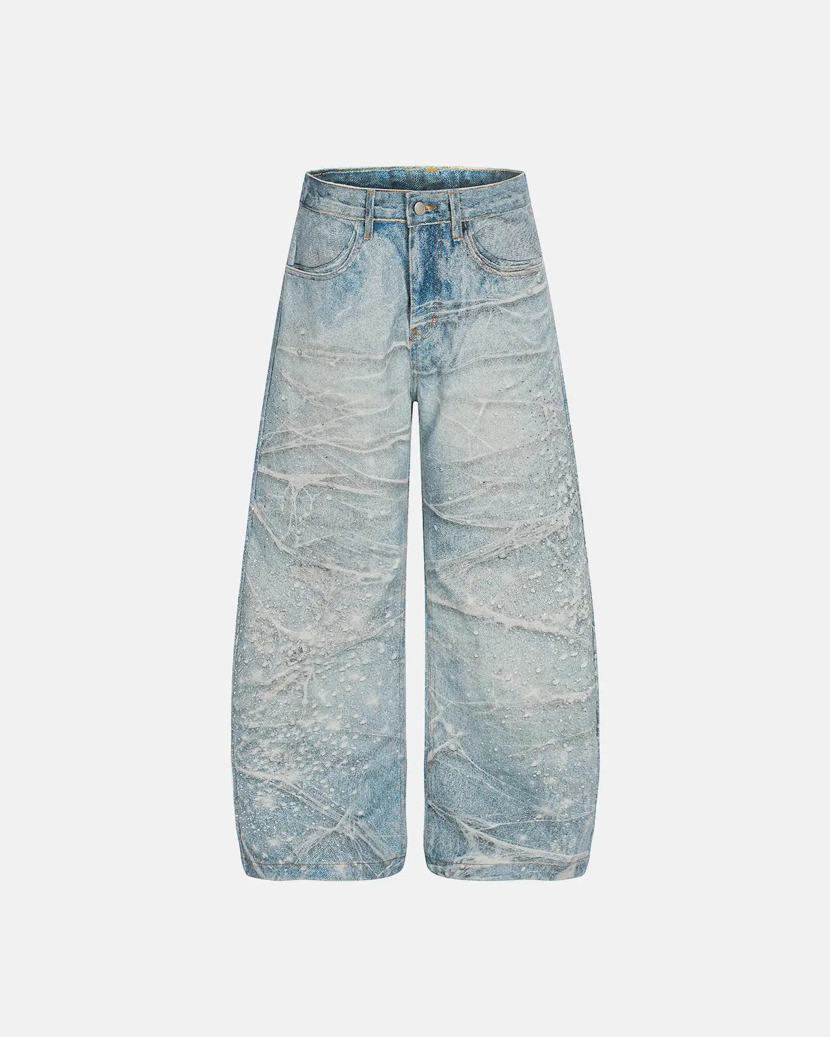 Rhinestone lightning design on Inflation Streetwear baggy barrel jeans with distressed details and relaxed fit.