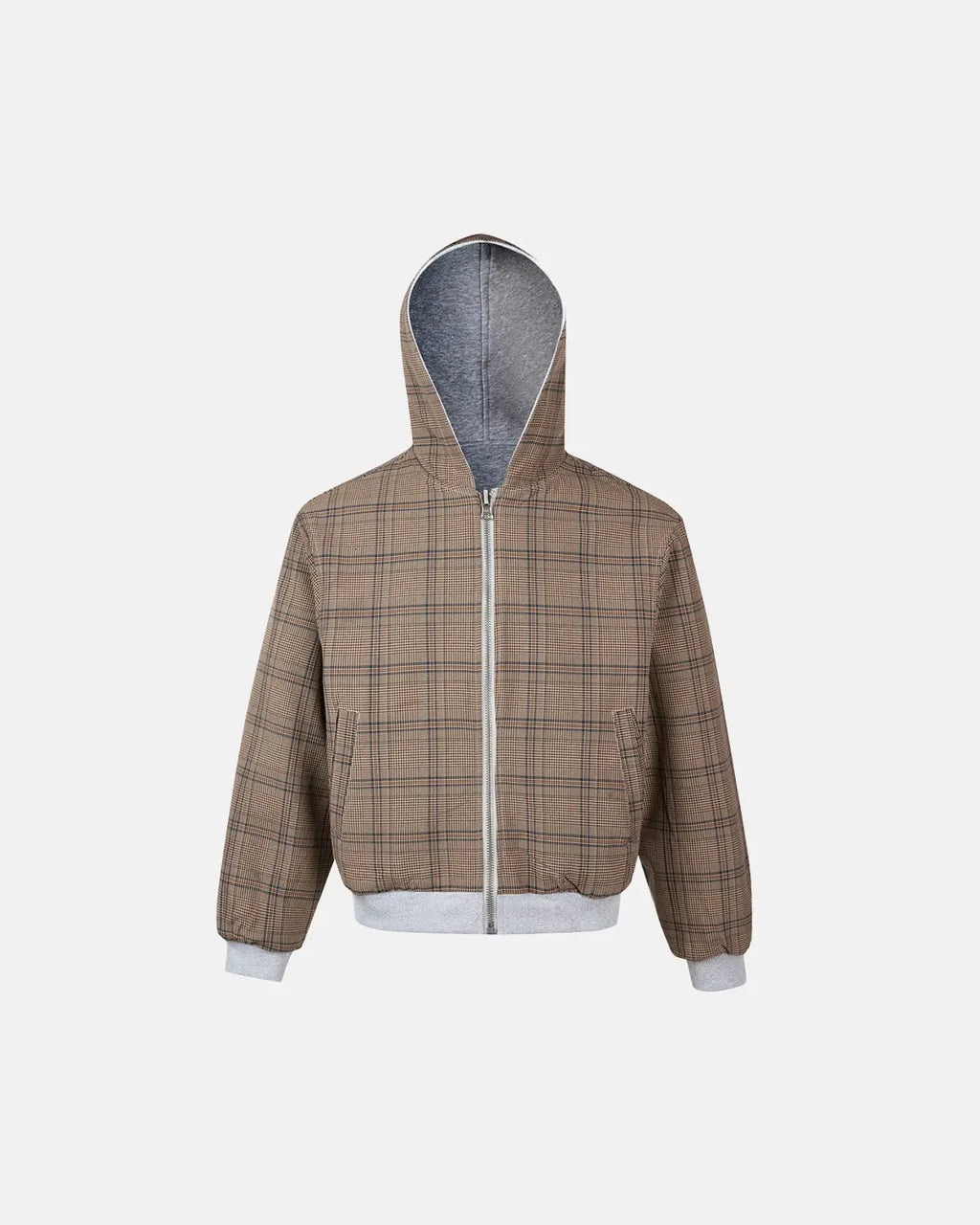 Yellow plaid reversible zip-up hoodie by INFLATION Streetwear, showing front view with hood and plaid pattern on both sides.