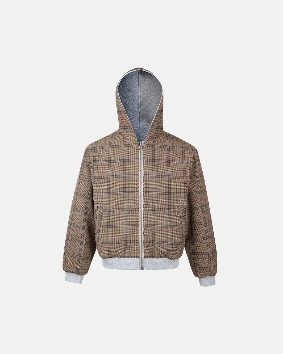 Yellow plaid reversible zip-up hoodie by INFLATION Streetwear, showing front view with hood and plaid pattern on both sides.