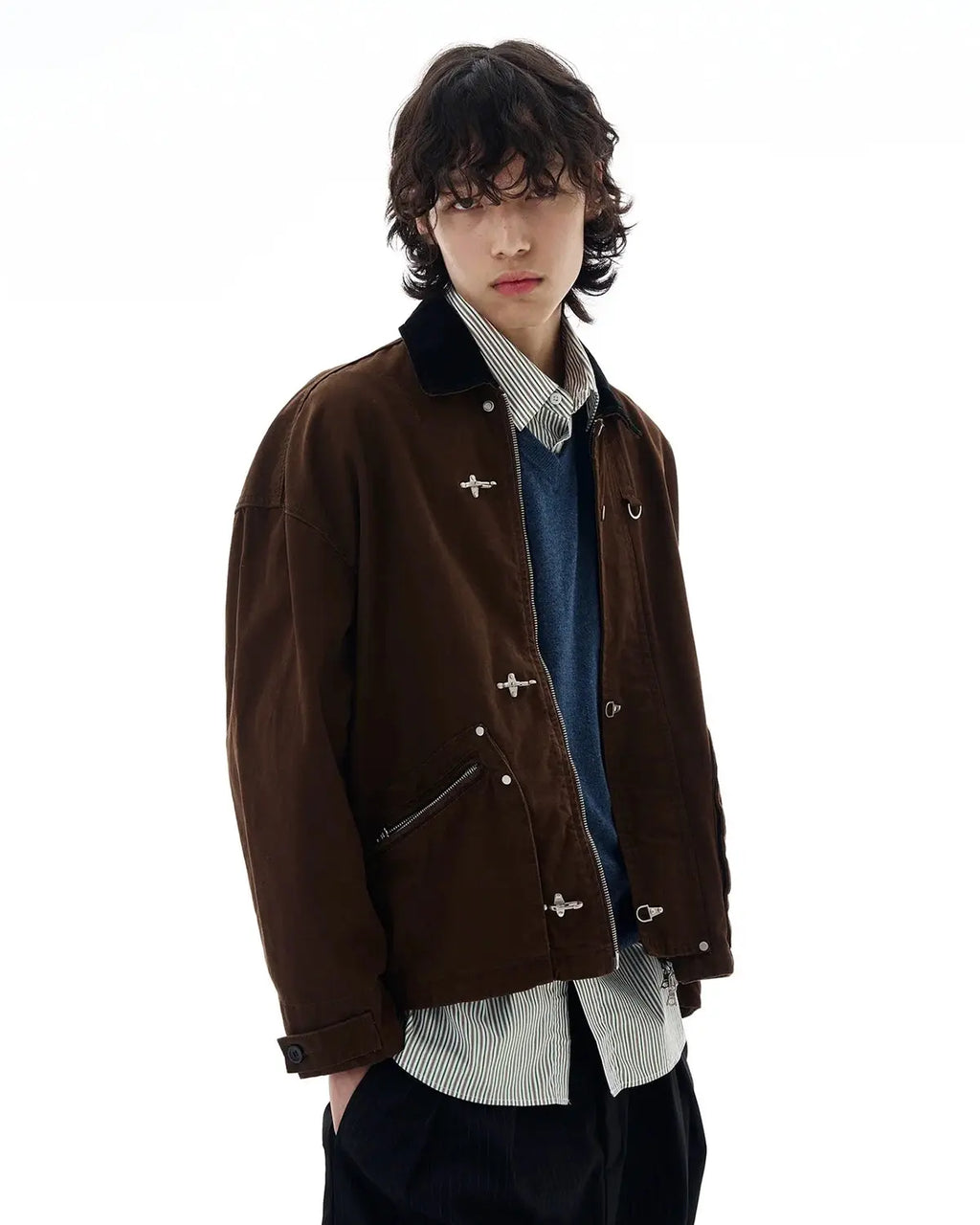Inflation Fireman Buckle Worker Zip Up Jacket with front zipper, buckle accents, and durable fabric for streetwear style.