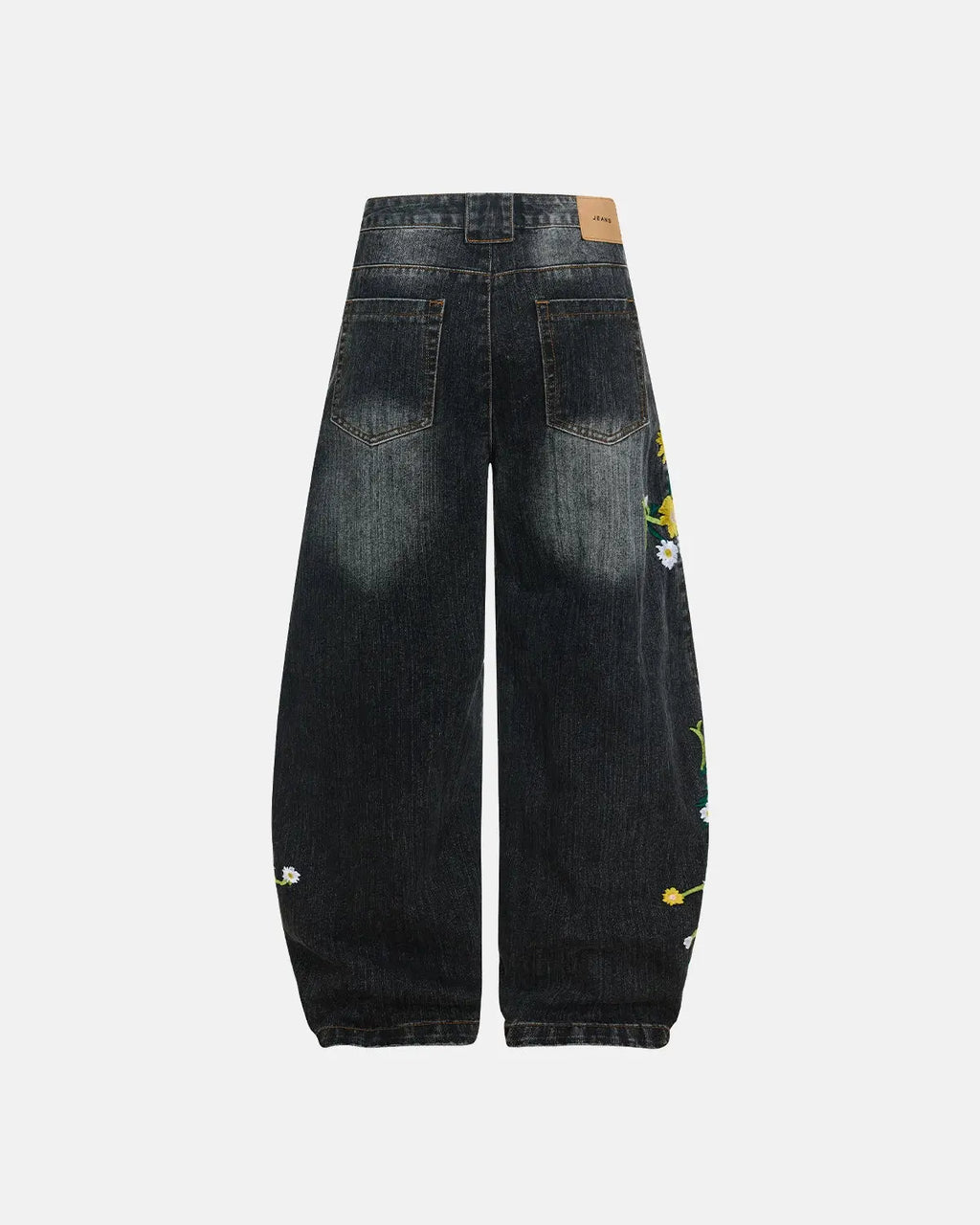 Embroidery bamboo weave baggy jeans by INFLATION, showing relaxed fit denim pants with detailed embroidery and bamboo-inspired design.