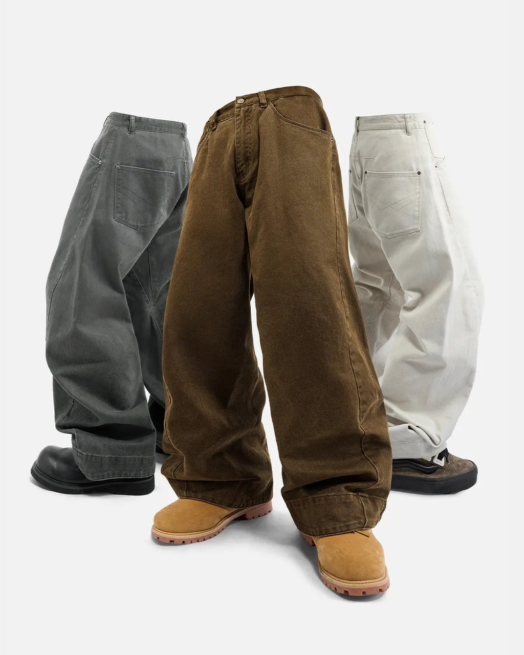 Inflation Stitching Flare Baggy Jeans with detailed stitching, high-waisted fit, and relaxed leg style in denim fabric.