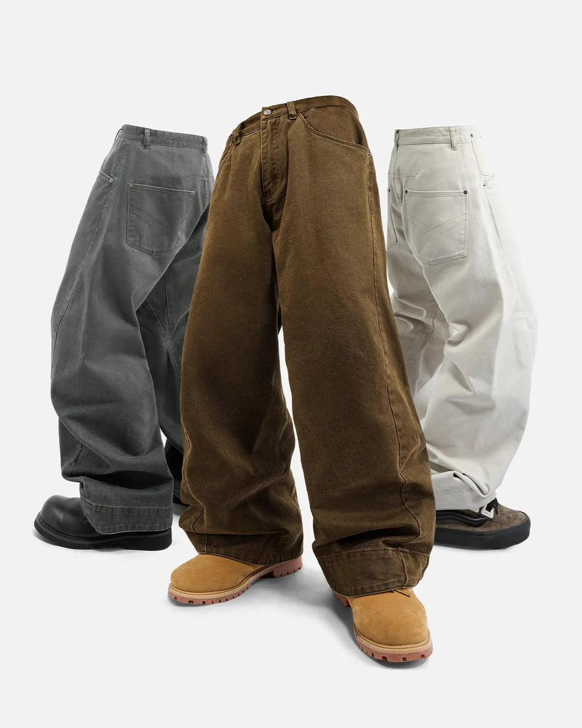Inflation Stitching Flare Baggy Jeans with detailed stitching, high-waisted fit, and relaxed leg style in denim fabric.