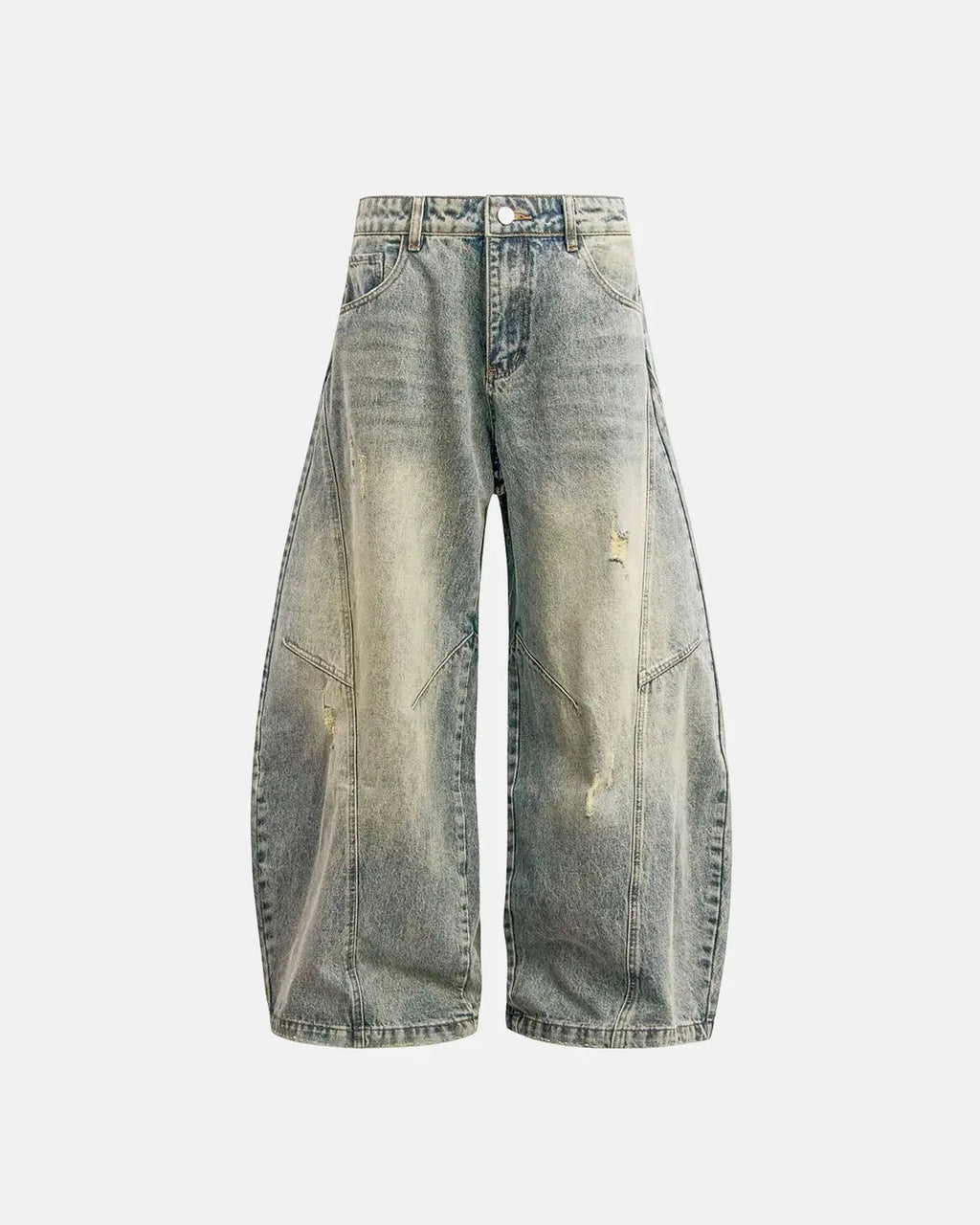 Distressed ripped baggy jeans by INFLATION, streetwear pants with a relaxed fit and frayed, torn details.