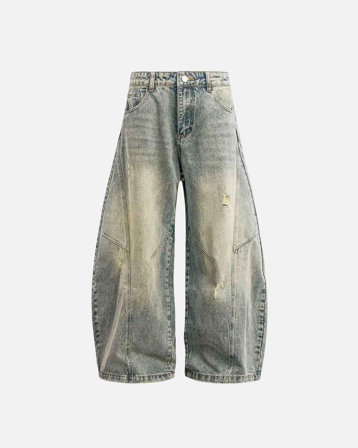 Distressed ripped baggy jeans by INFLATION, streetwear pants with a relaxed fit and frayed, torn details.