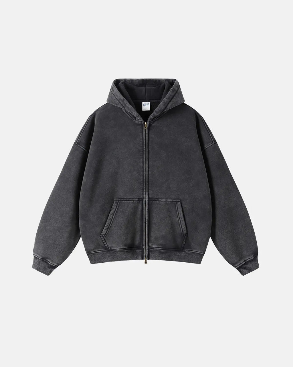 Acid washed distressed fleece zip-up hoodie by INFLATION Streetwear, featuring a casual, worn-in look with front zipper and hood.