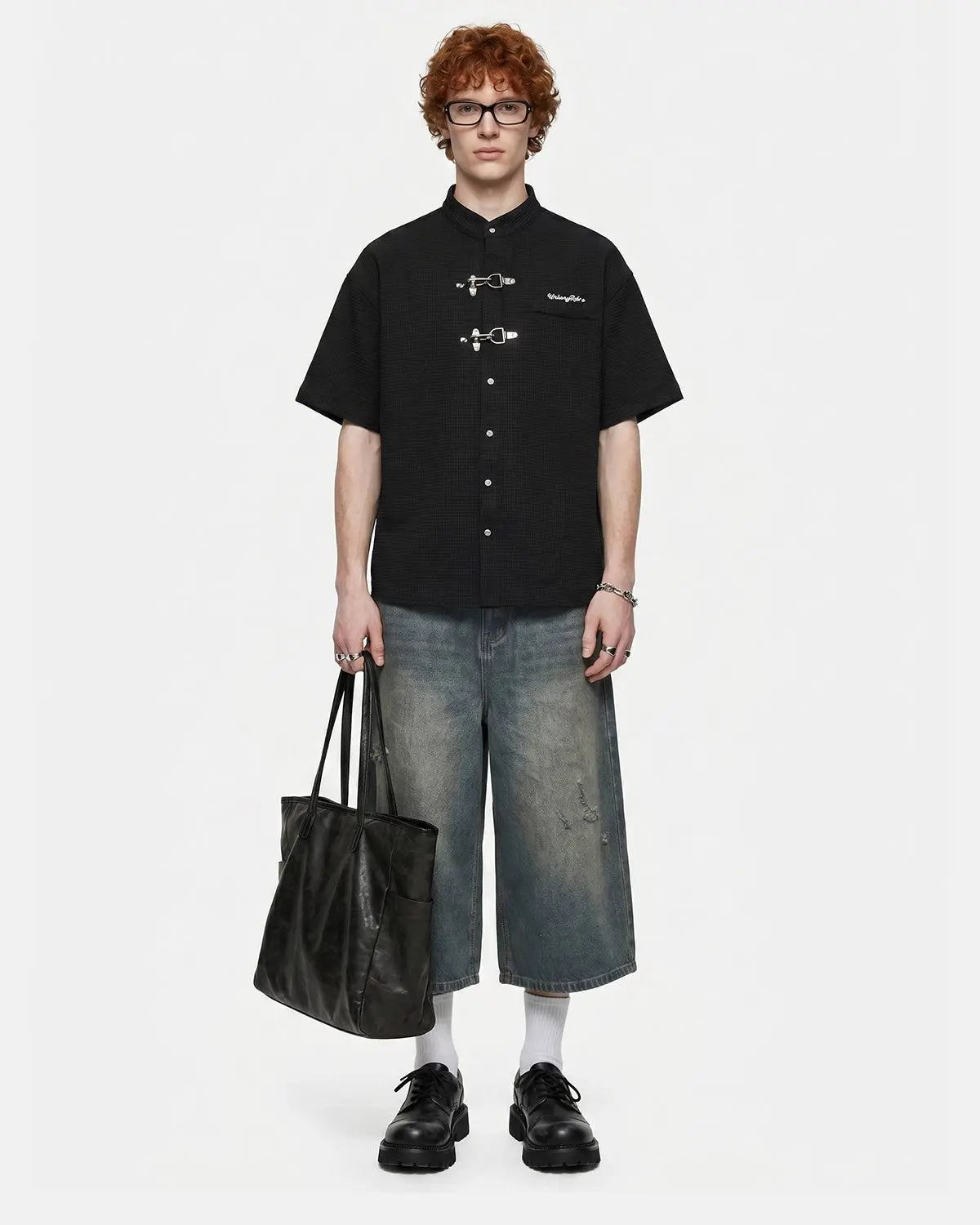 Inflation Streetwear waffle shirt featuring metal clasp detail, casual long-sleeve shirt with textured fabric and modern design.