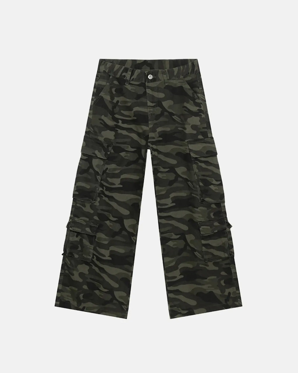 Vintage camouflage cargo pants from INFLATION featuring multiple pockets and a relaxed streetwear style.